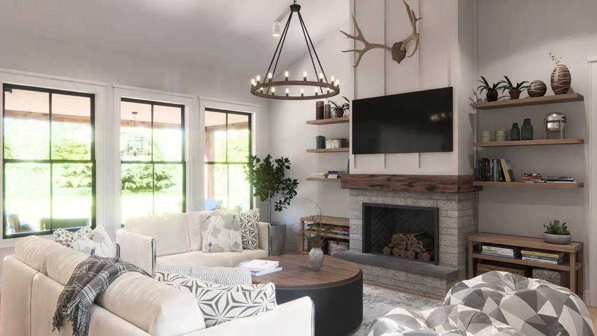 Wagon Wheel Chandelier and Wood Mantel Set the Tone Early