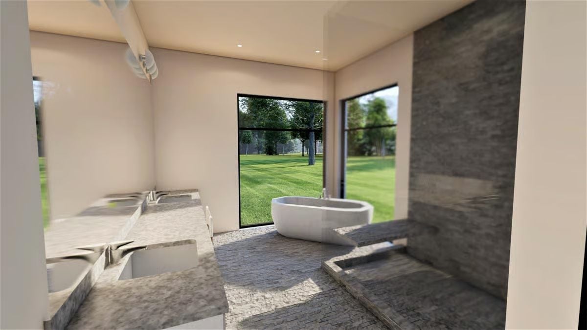 Freestanding Soaker Tub Positioned to Face a Full Wall of Lawn Deserves Its Own Conversation