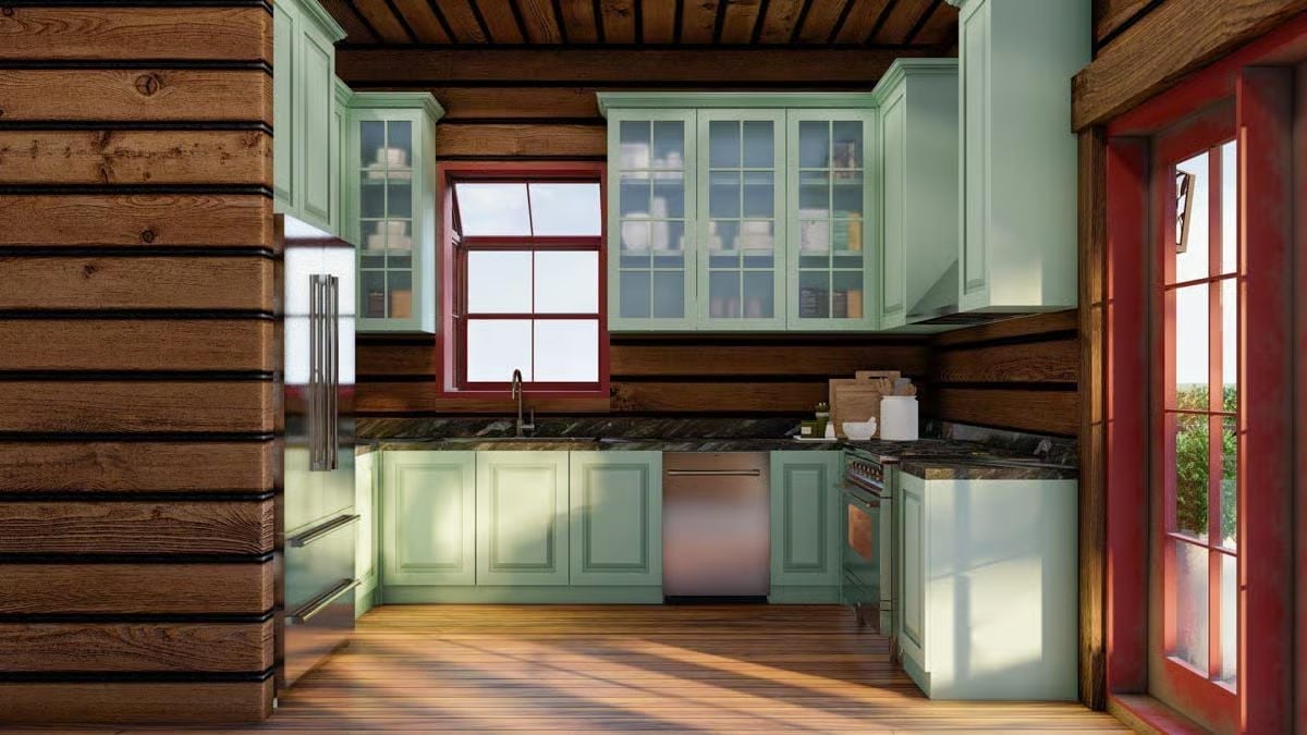 Mint Cabinets Against Dark Log Walls Shouldn't Work This Well