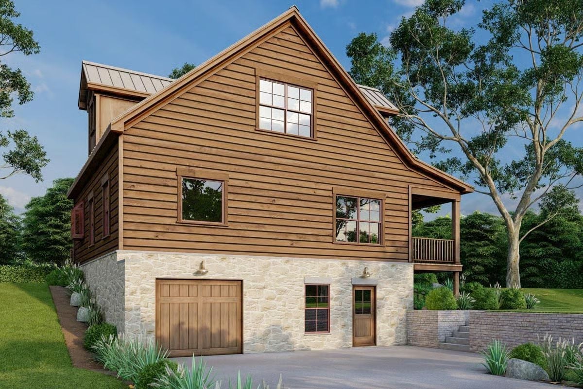 Stone Base and Wood Siding Make the Exterior Do the Work