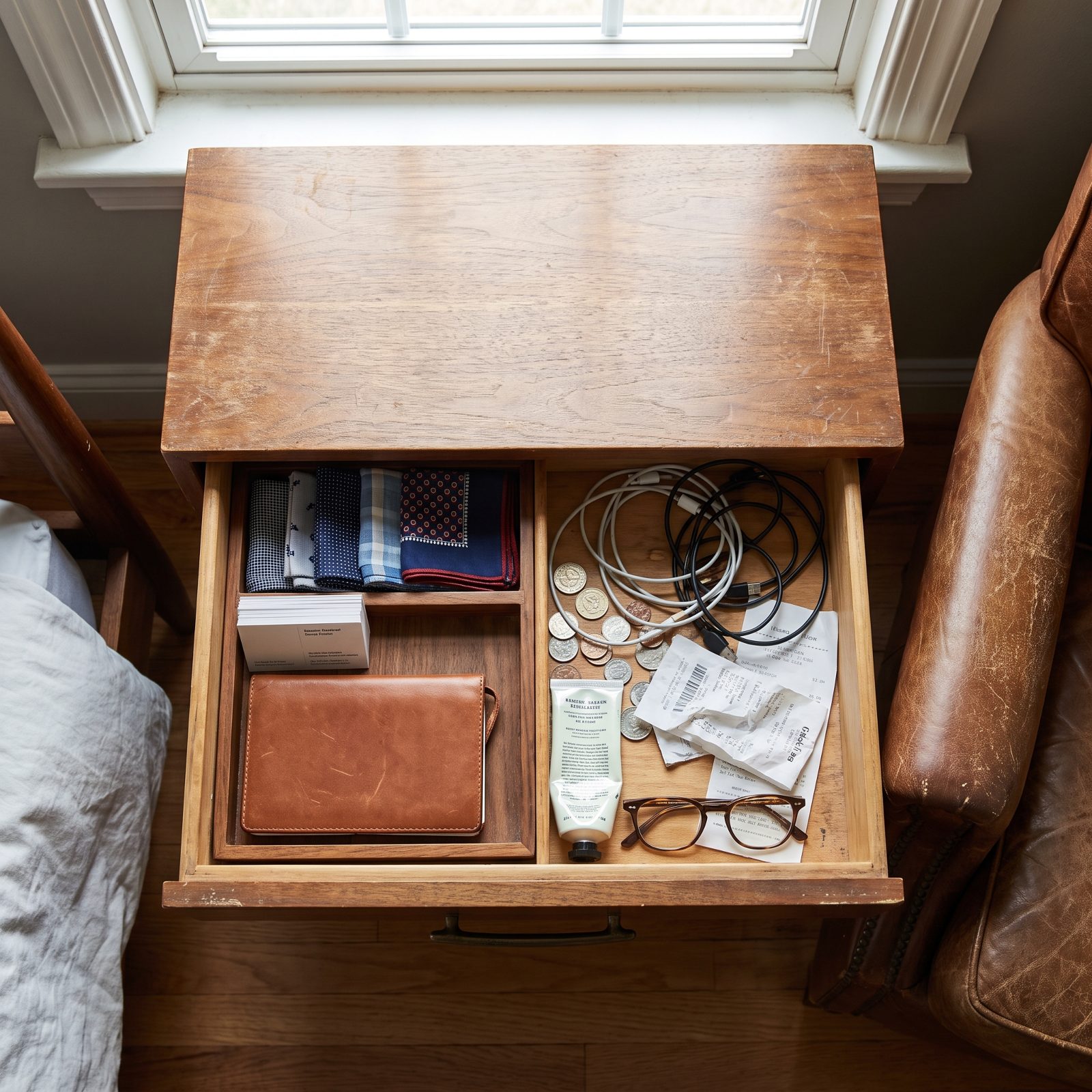 Walnut nightstand with the top drawer open showing a phone charger, reading glasses, children's medicine, appointment cards,