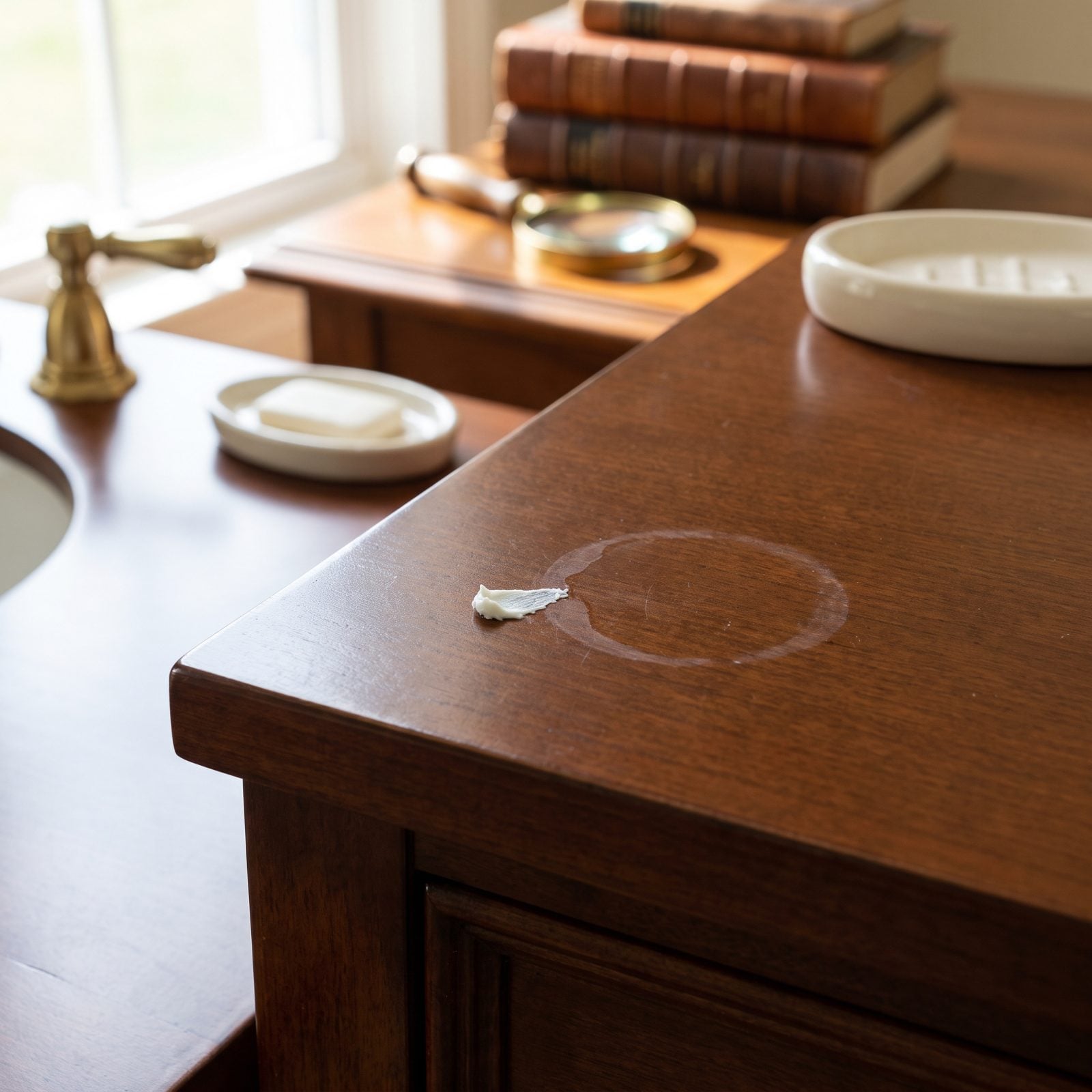 Mostly clean bathroom vanity with faint water rings and bottles clustered in one back corner near the faucet.