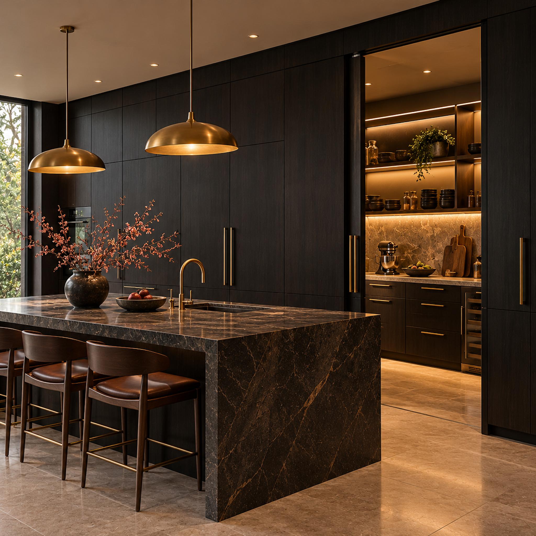 Contemporary black kitchen with dark marble island, brass pendant lights, and an opening in the cabinetry revealing an illuminated secondary working kitchen