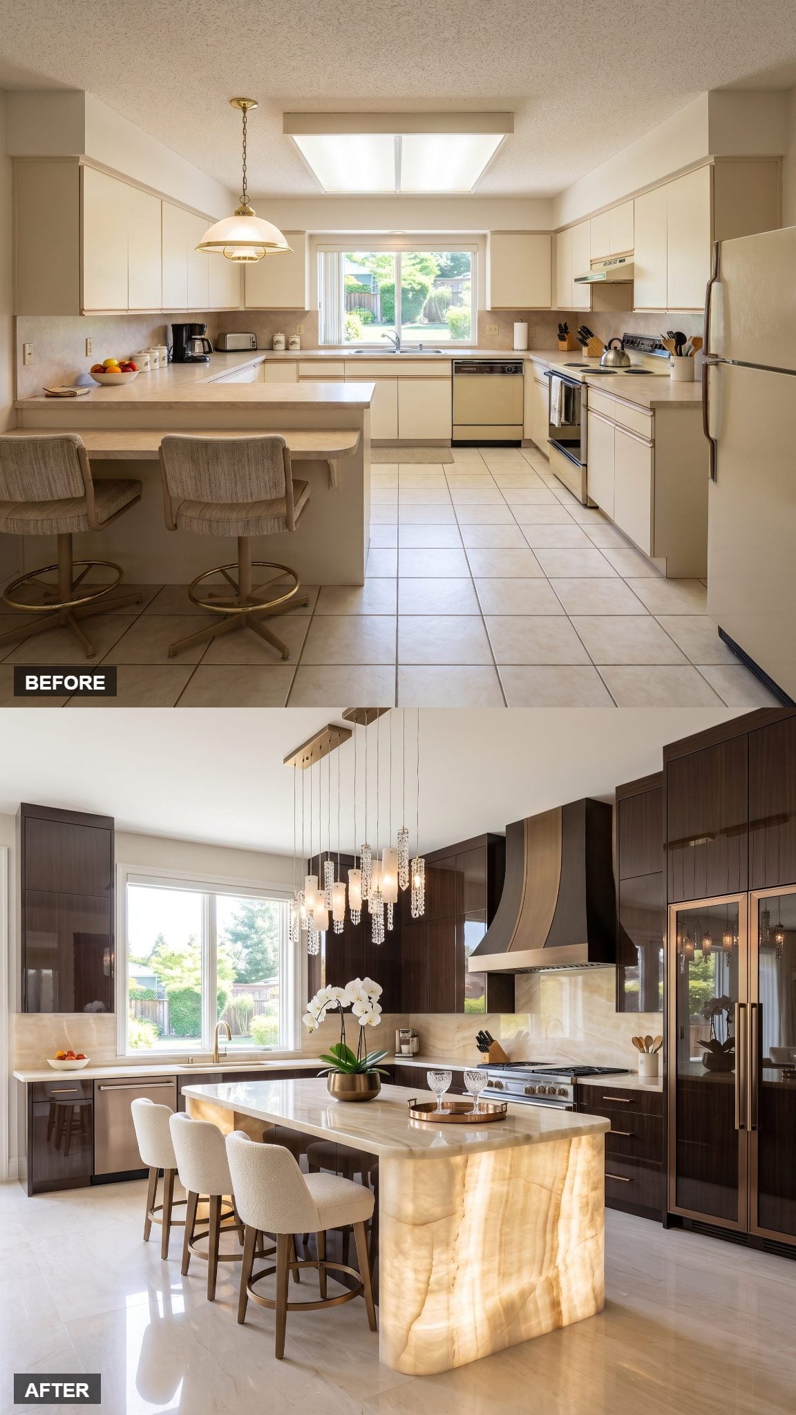 High-gloss espresso kitchen with an illuminated champagne onyx island