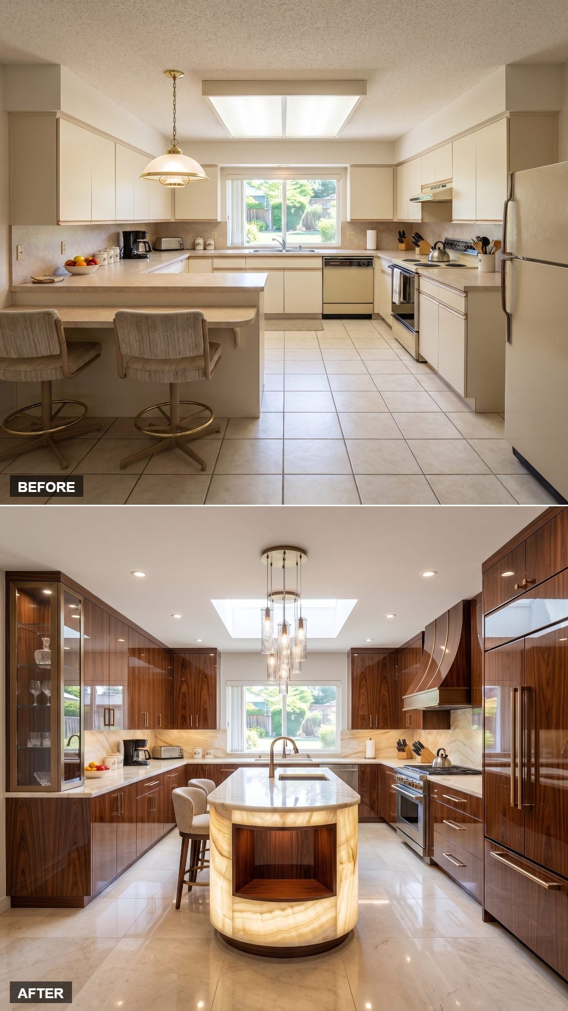 High-gloss rosewood kitchen with a round cream onyx island