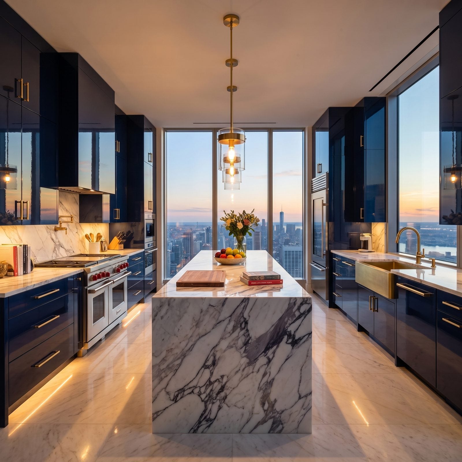 Kitchen with high-gloss slab cabinet doors: High-gloss deep navy lacquer reflecting a city skyline at dusk.