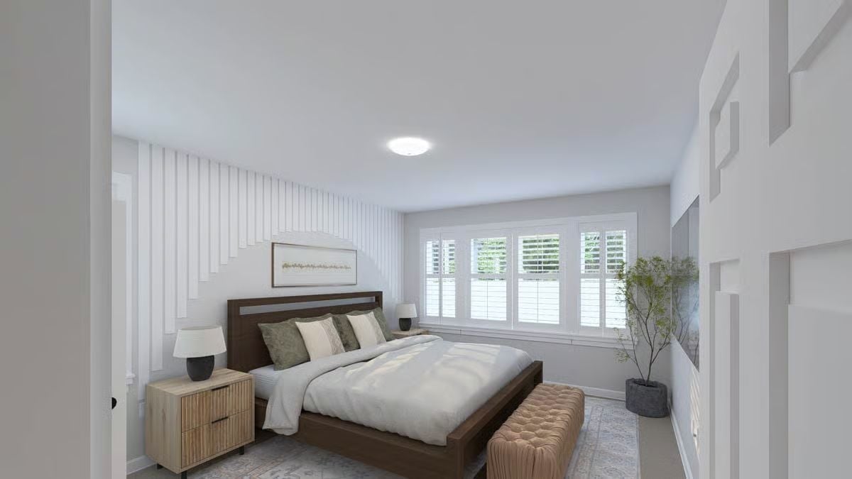 Plantation Shutters and a Tufted Bench That Earned Its Place at the Foot of the Bed