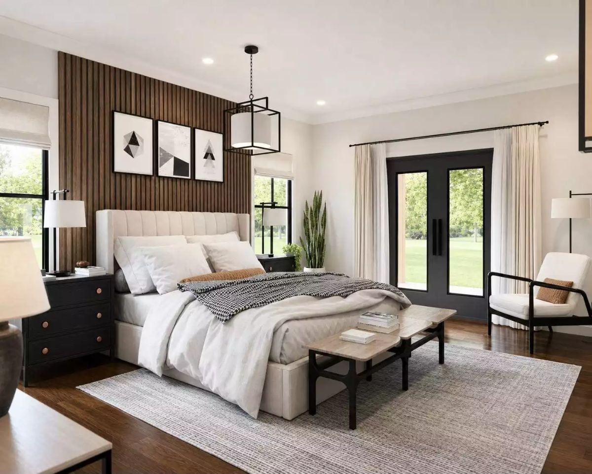 Slat Walls and Square Pendants That Pull a Bedroom Together