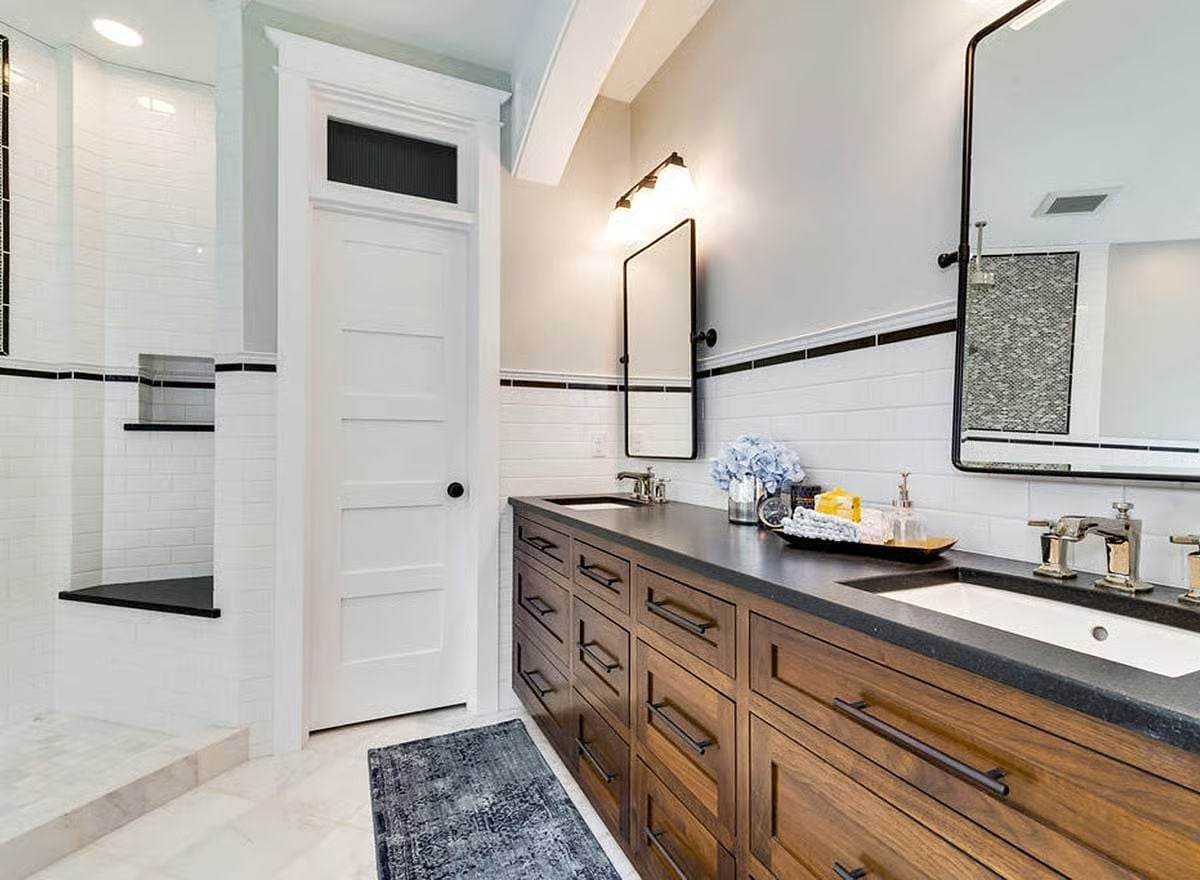 Warm Wood Vanity, Black Counters, and a Shower That Earns Its Own Zip Code