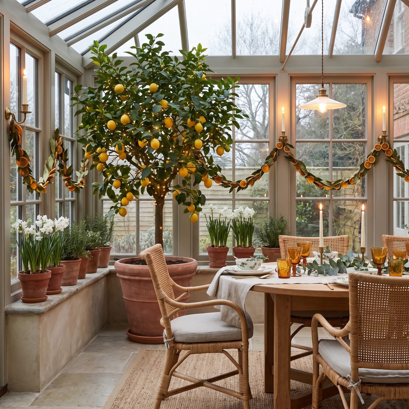 A Holiday Table Set Beneath a Living Citrus Tree