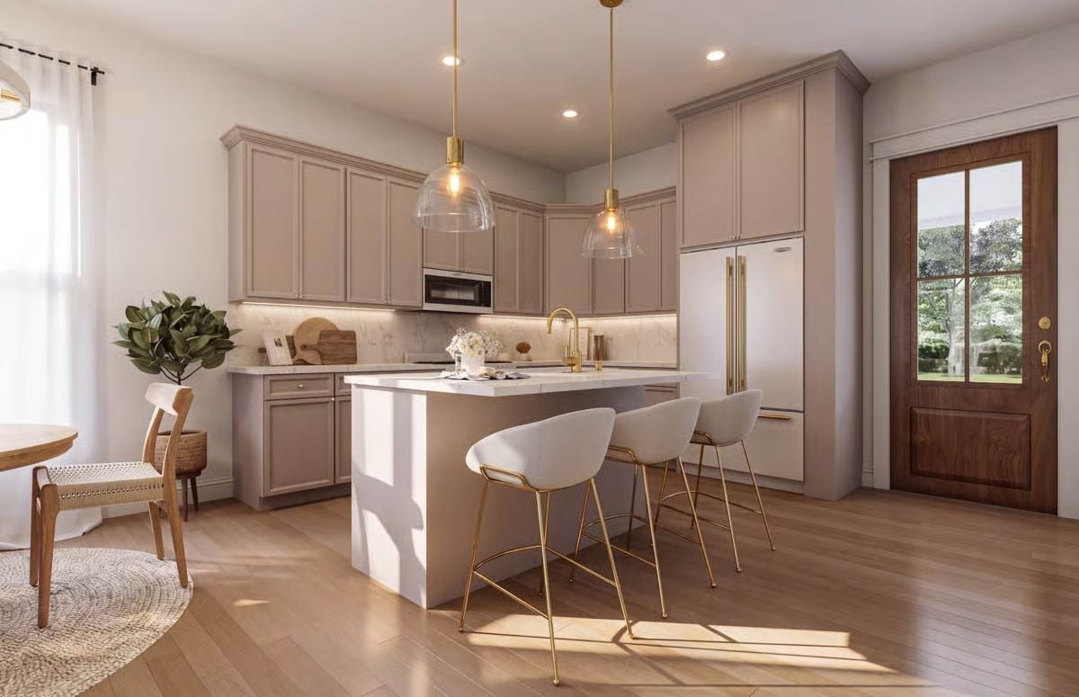 Gold-Tone Hardware and Greige Cabinets That Actually Belong Together