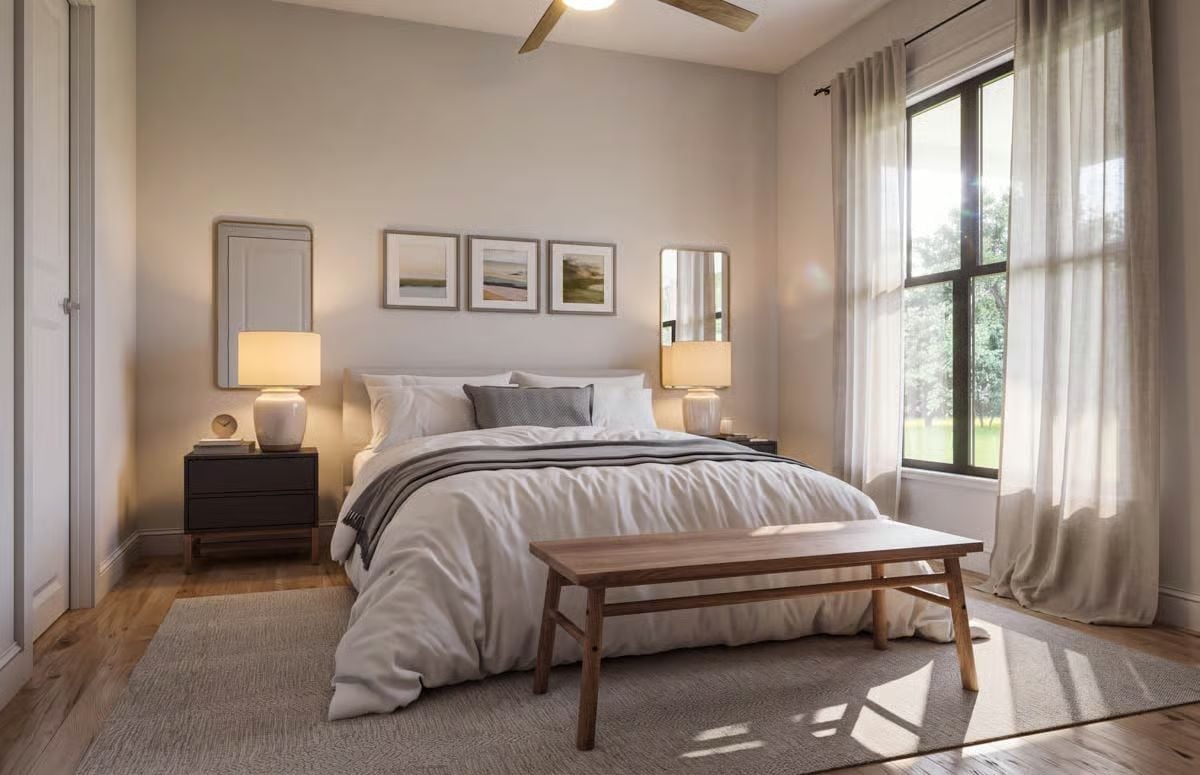 Linen Drapes, Layered Bedding, and a Bench That Earns Its Place at the Foot