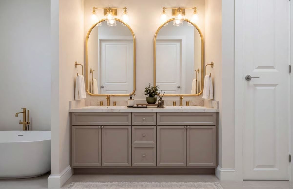 Paired Gold Mirrors and a Vanity That Doesn't Try Too Hard