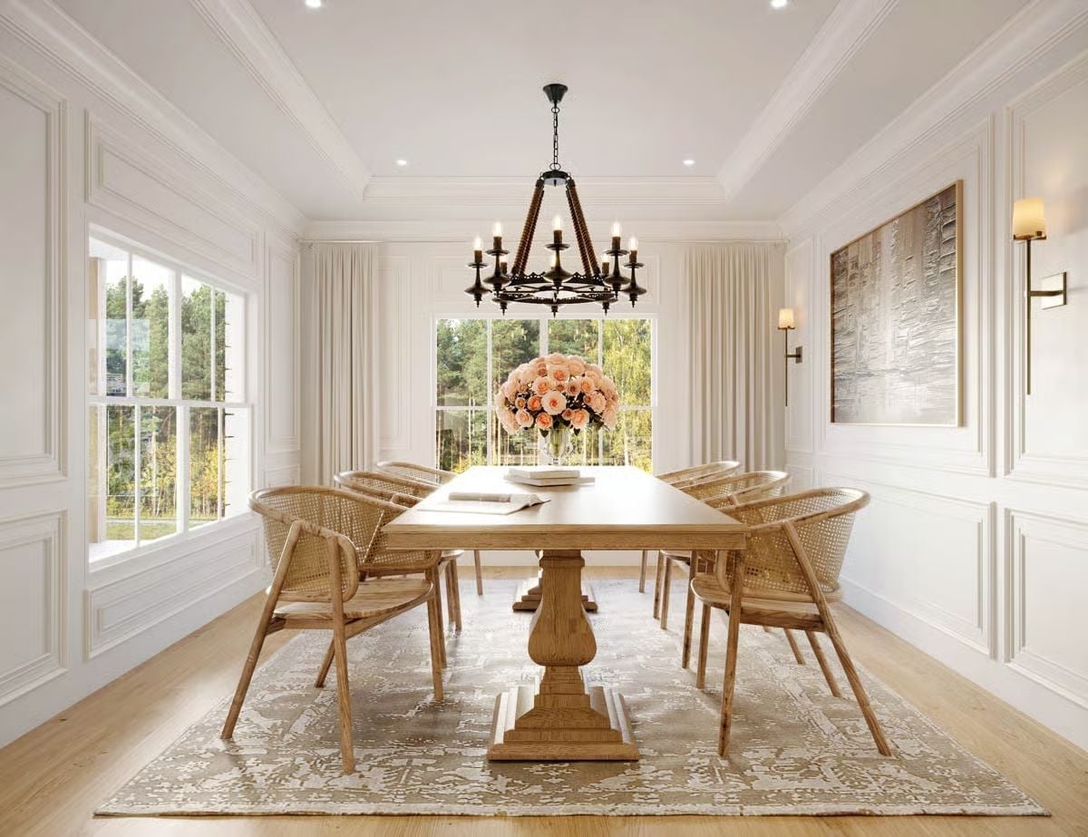 Cane Chairs and a Chandelier That Looks Like It Belongs in a Castle