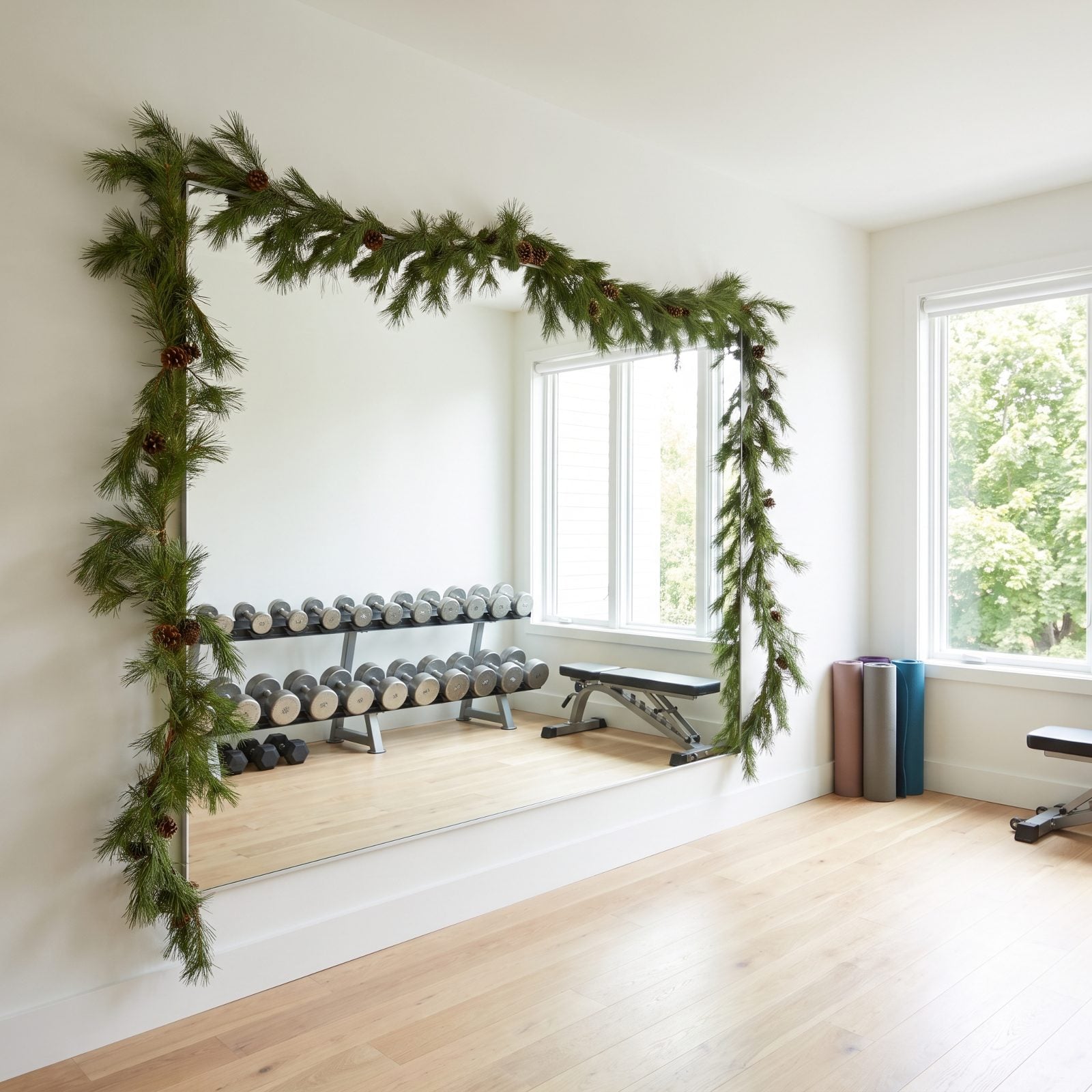 A Home Gym Mirror Bordered With Simple Pine Garland
