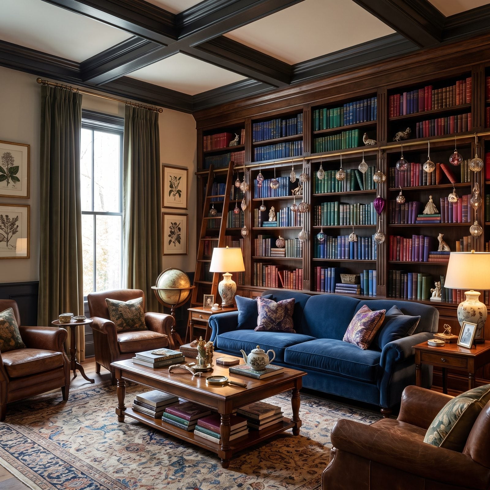 A Home Library Centered on an Ornament-Filled Bookcase