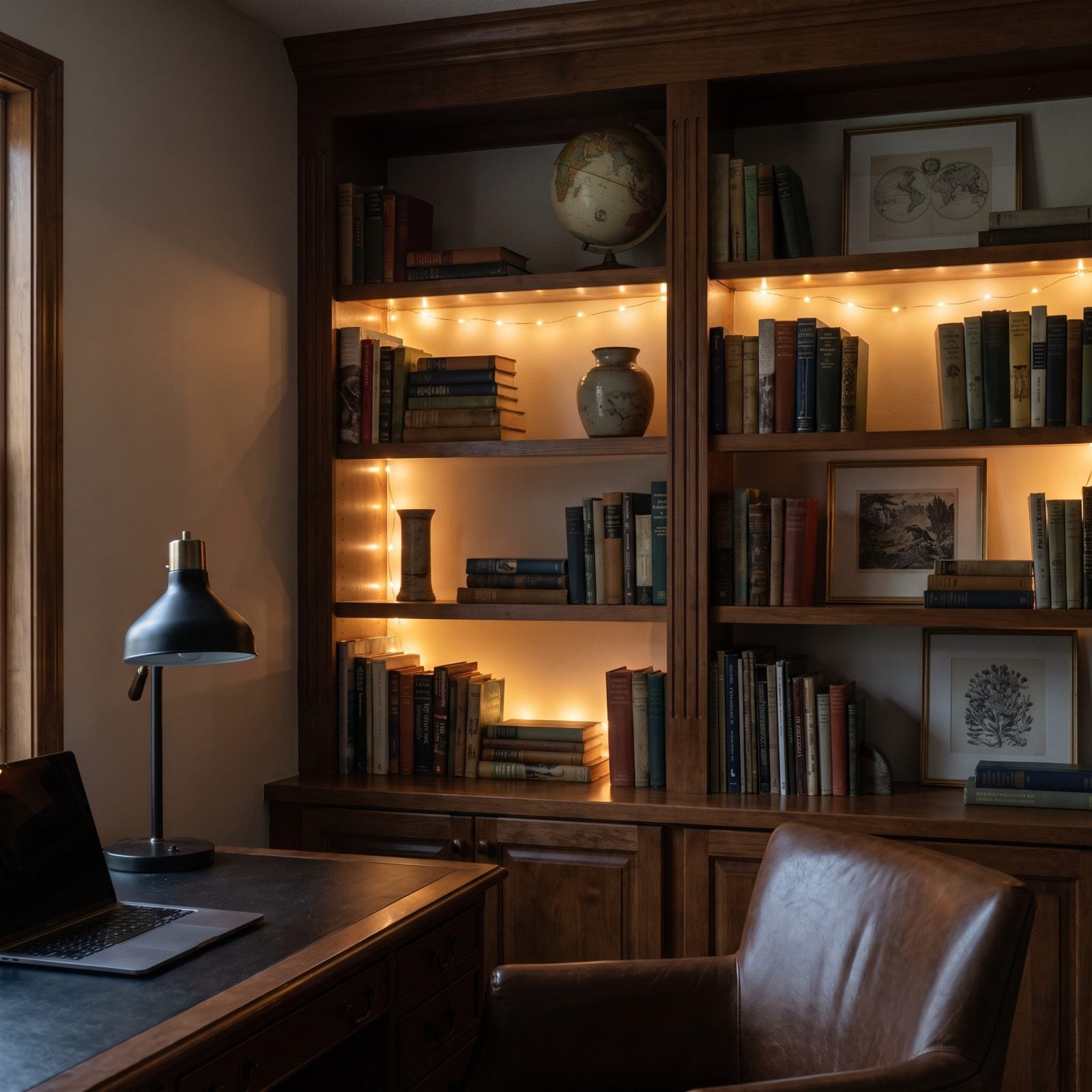 The Home Office Bookcase, Threaded With Lights