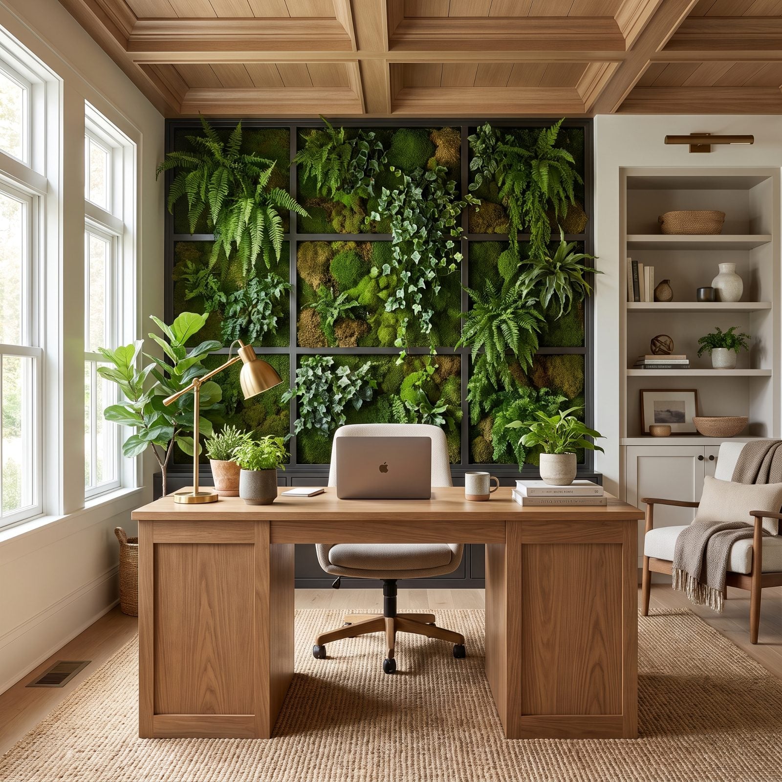 A Home Office Desk Backed by a Living Wall of Greenery