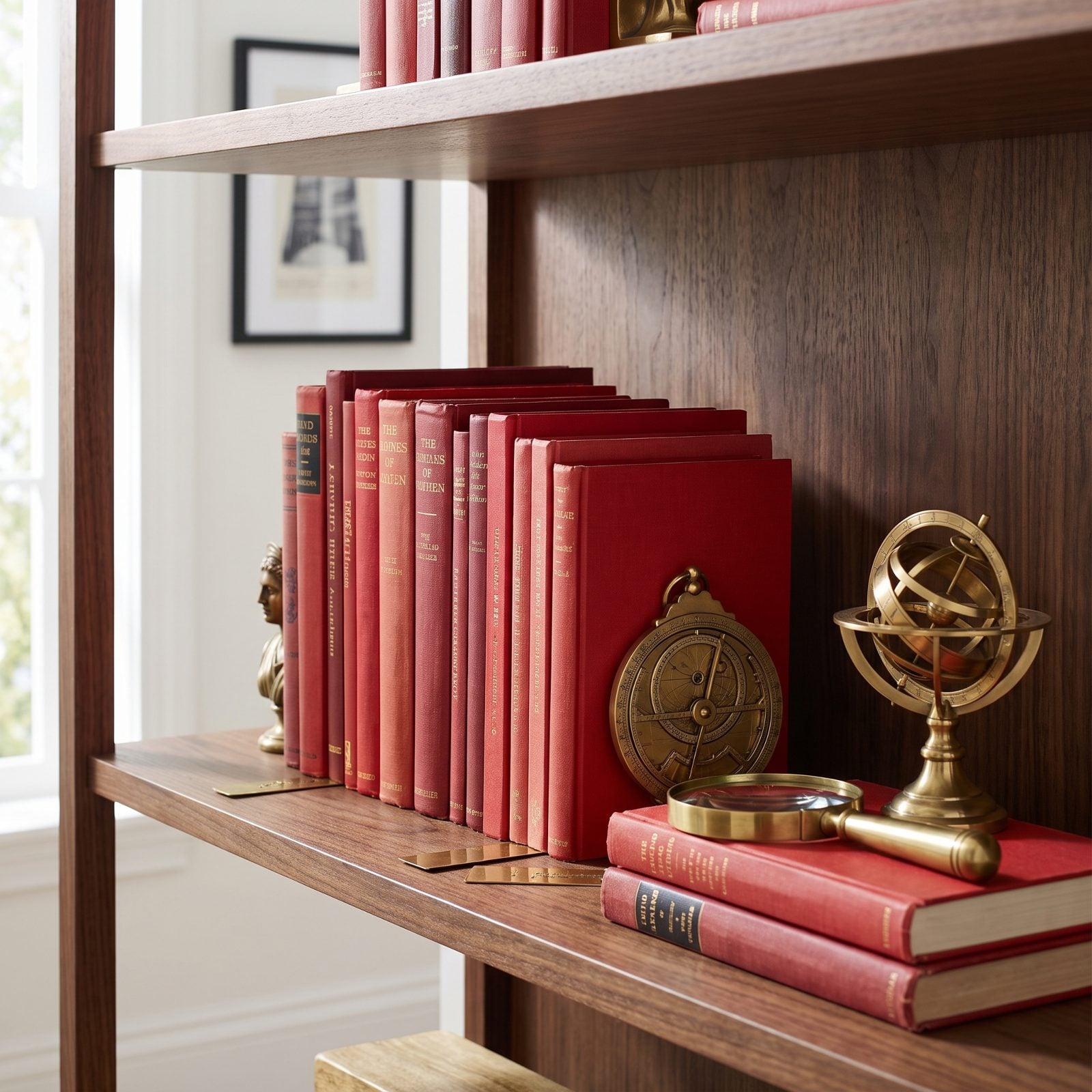 A Home Office Shelf of Red Books and Brass