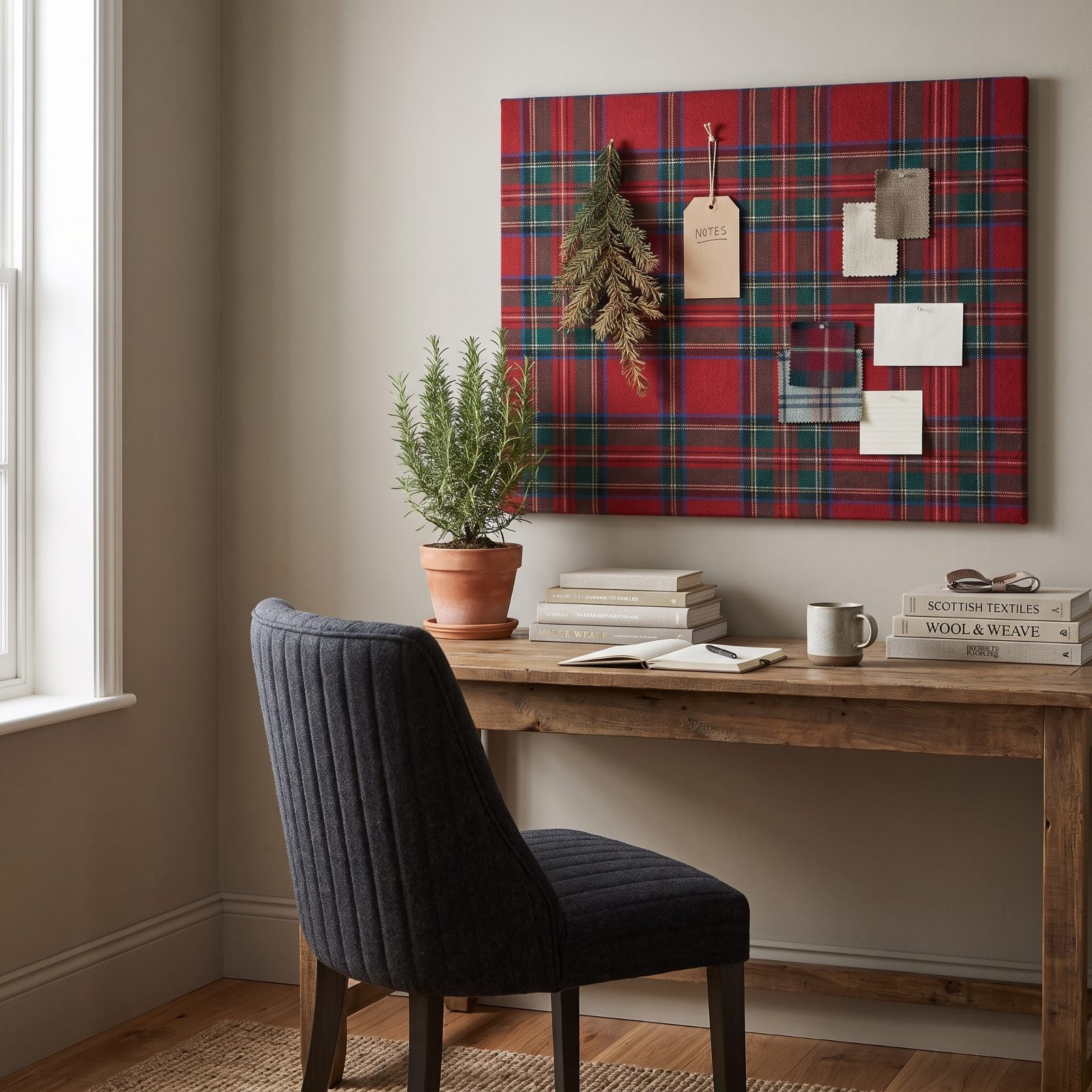 A Home Office with a Tartan Pinboard and Wool Desk Chair