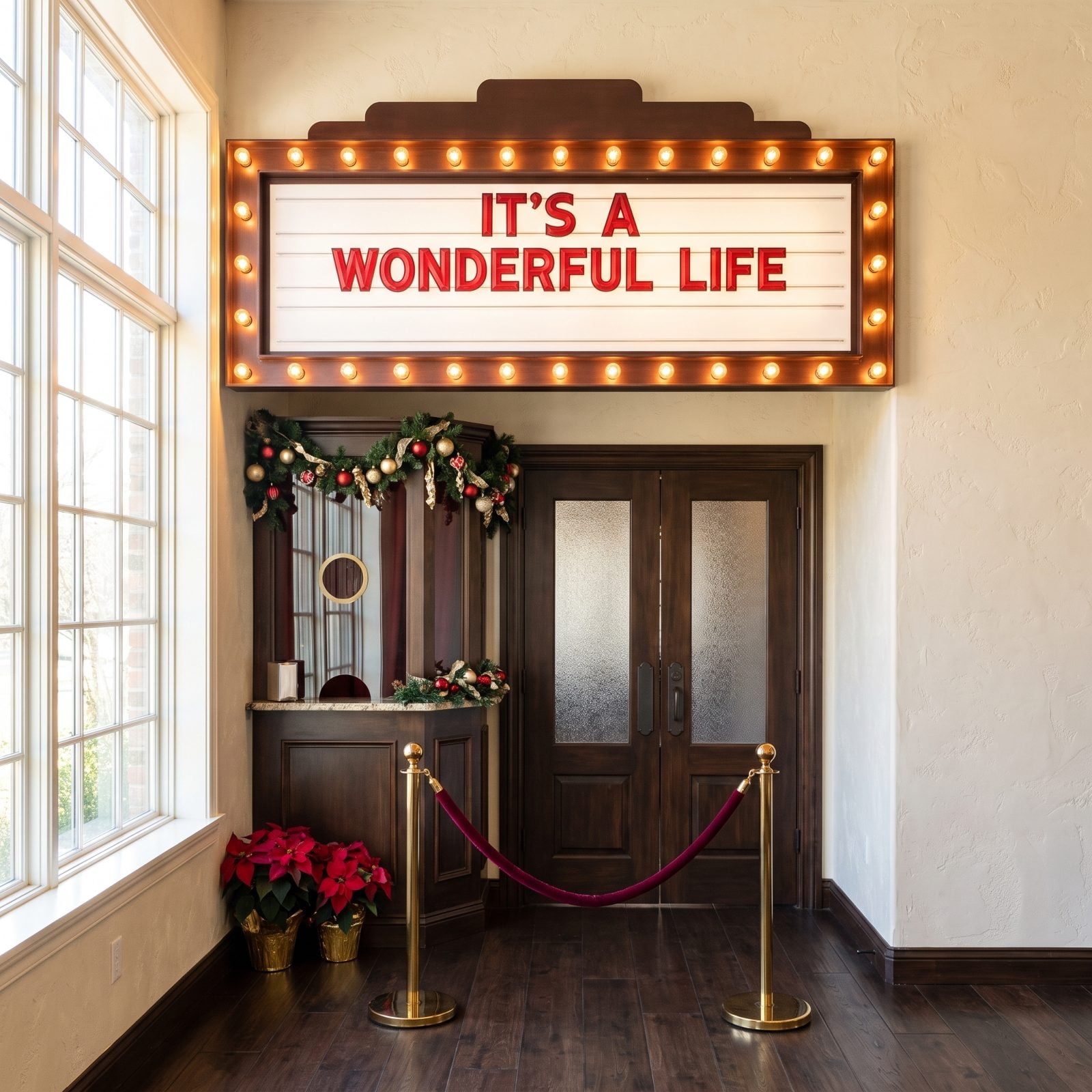 A Home Theater Entrance Styled as a Christmas Movie Marquee