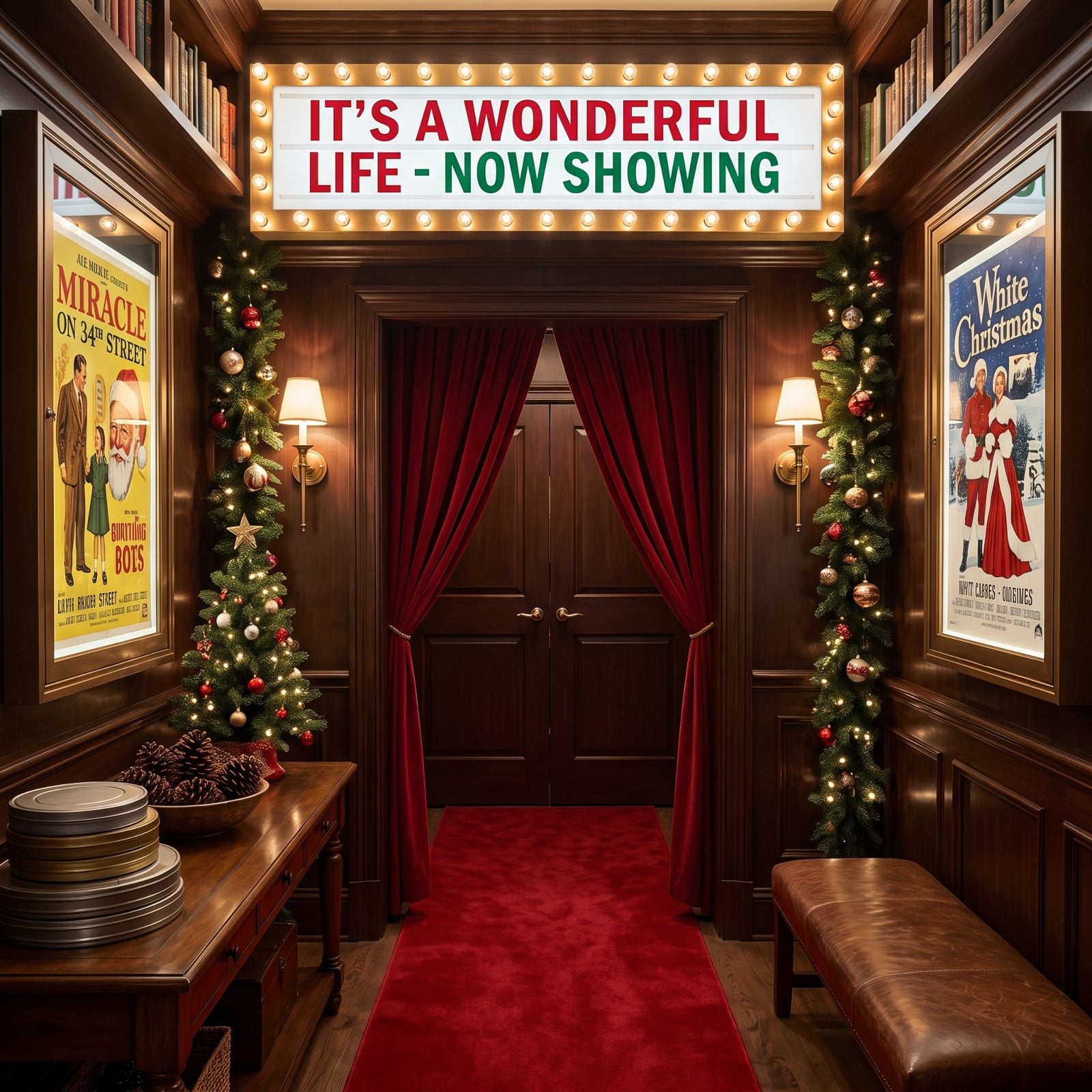 A Home Theater Entrance Styled Like a Vintage Christmas Cinema