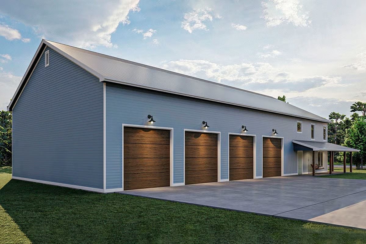 Four Doors, One Dream: Blue-Gray Barndominium Built for Serious Hobbyists