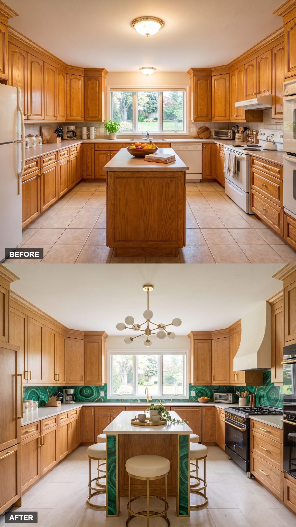 Honey oak cabinetry with dramatic malachite-patterned green surfaces and brass detailing