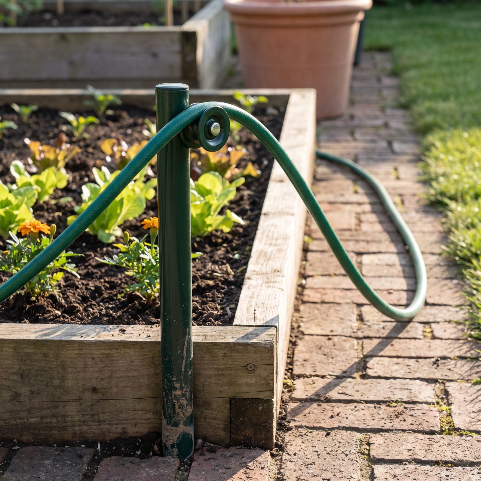 Hose-Guide Stakes That Protect Plants at Garden Corners