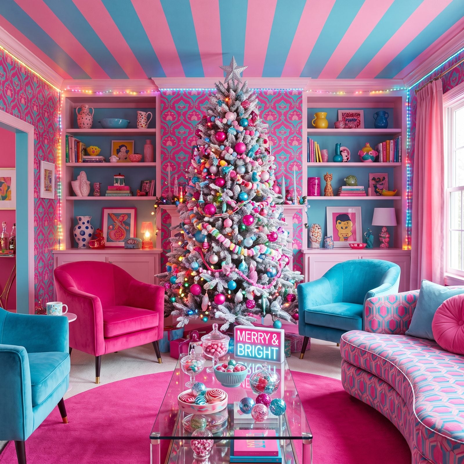 Hot Pink and Ice Blue: A Christmas Living Room With Zero Interest in Tradition