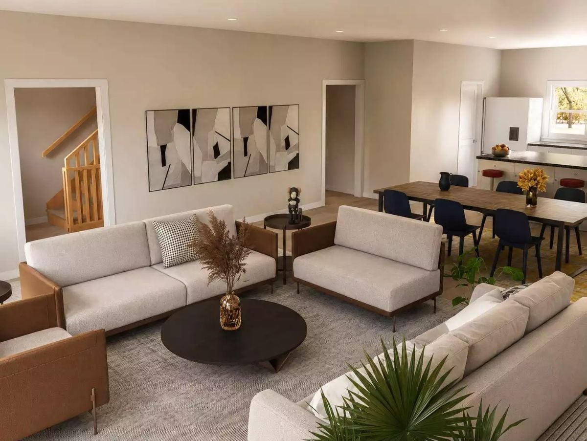 Cream Bouclé, Dark Walnut, and a Layout That Keeps Everyone in the Same Room