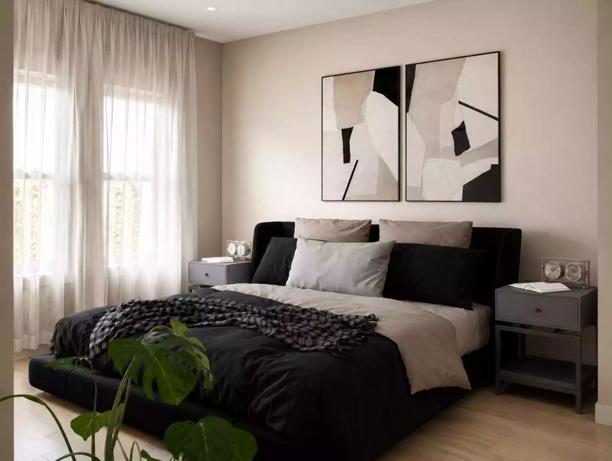 Matte Black Bedding and Beige Walls Prove Dark Bedrooms Don't Feel Cave-Like