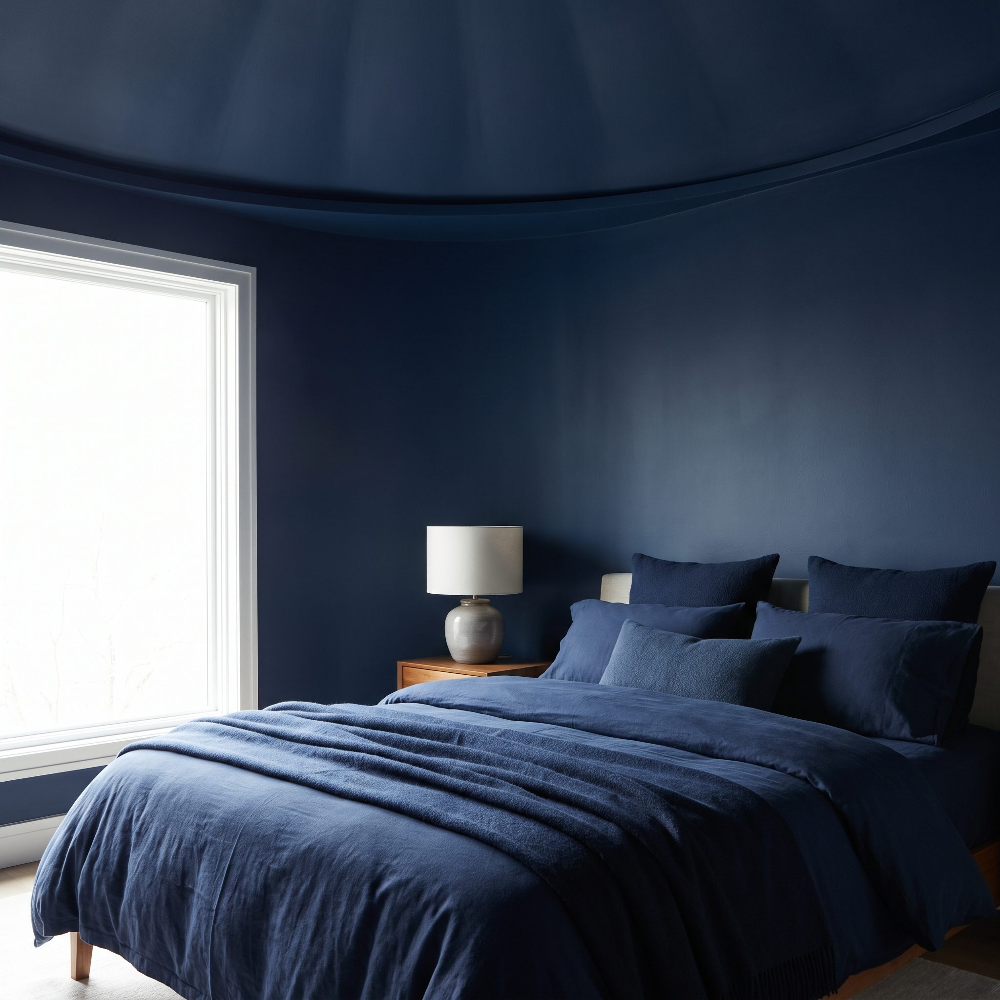 Inky Navy Bedroom, One Continuous Color Turns the Room Into a Cocoon