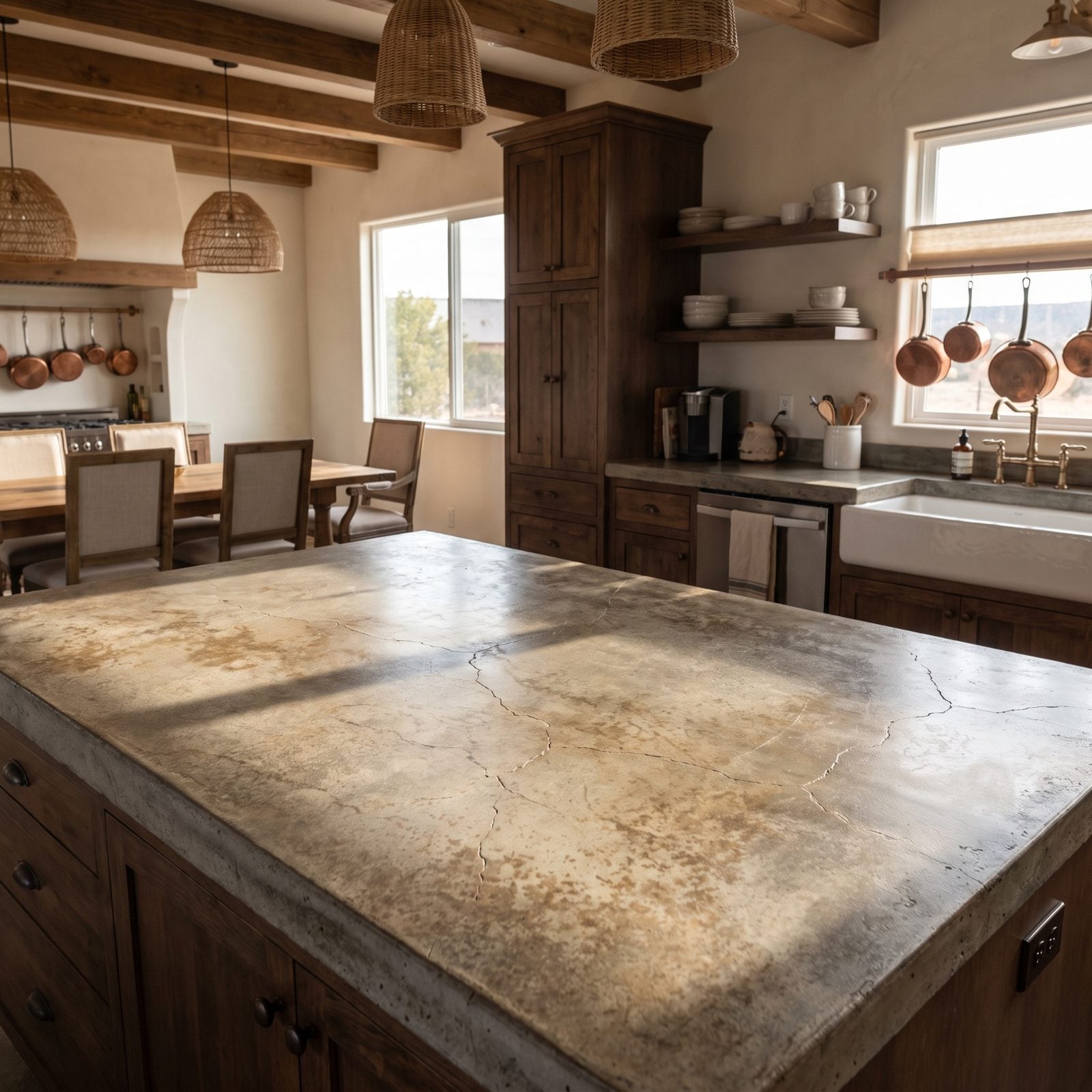 Gray concrete kitchen counter with a hairline crack near the sink and a faint water mark.
