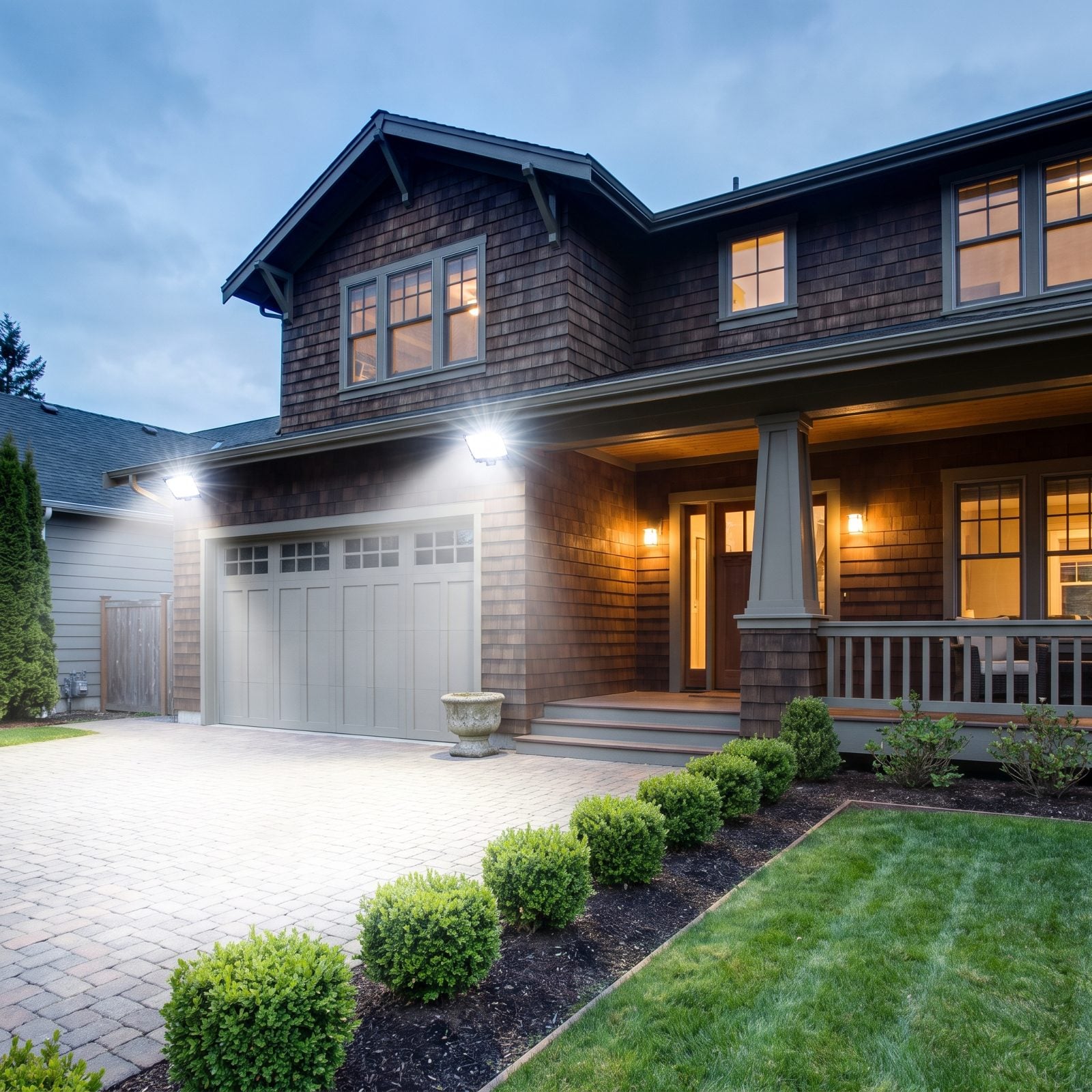 Craftsman home at dusk with two bright white floodlights under the eaves lighting the driveway while warm sconces light the