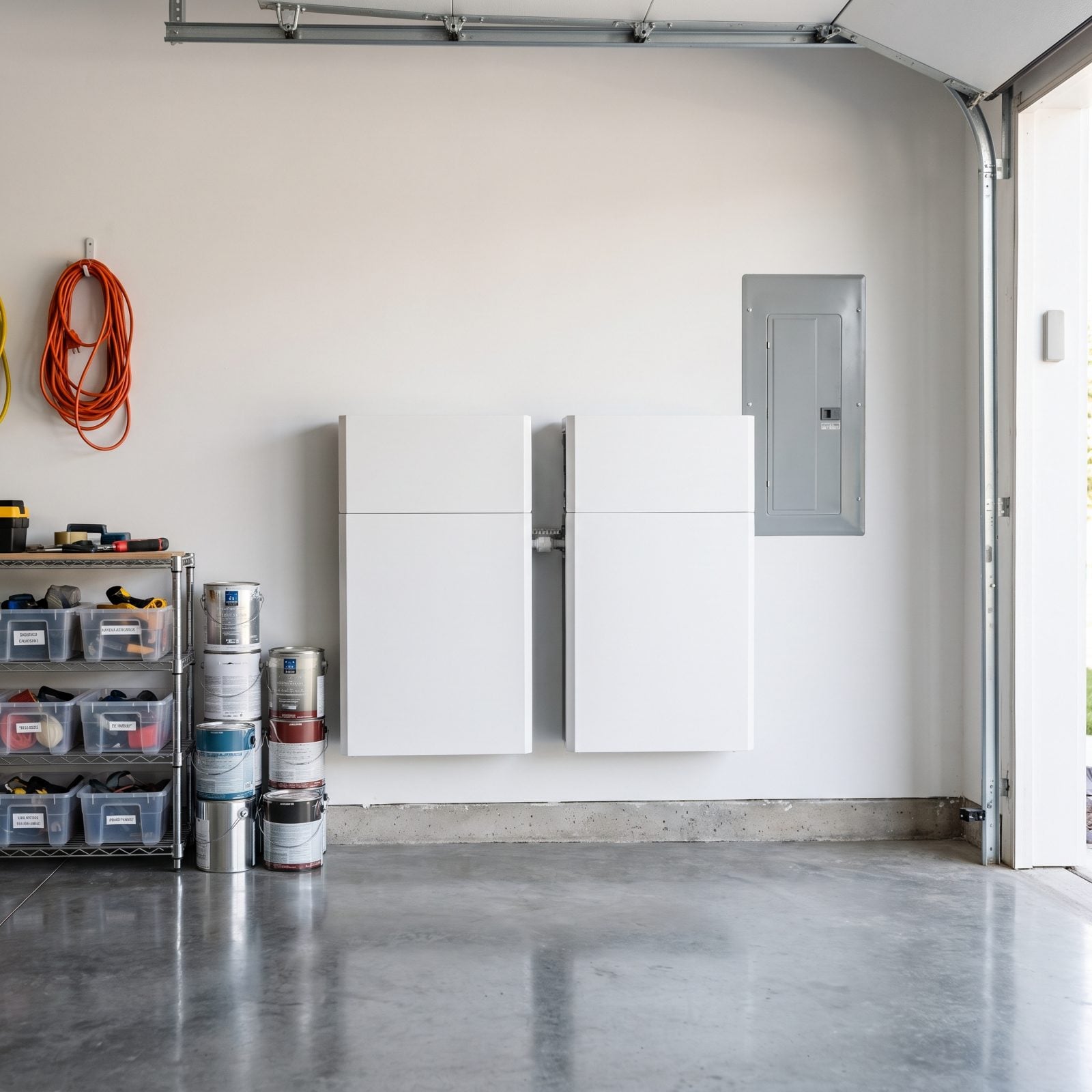 Two wall-mounted home batteries installed near stored paint cans with limited clearance and a partly blocked electrical