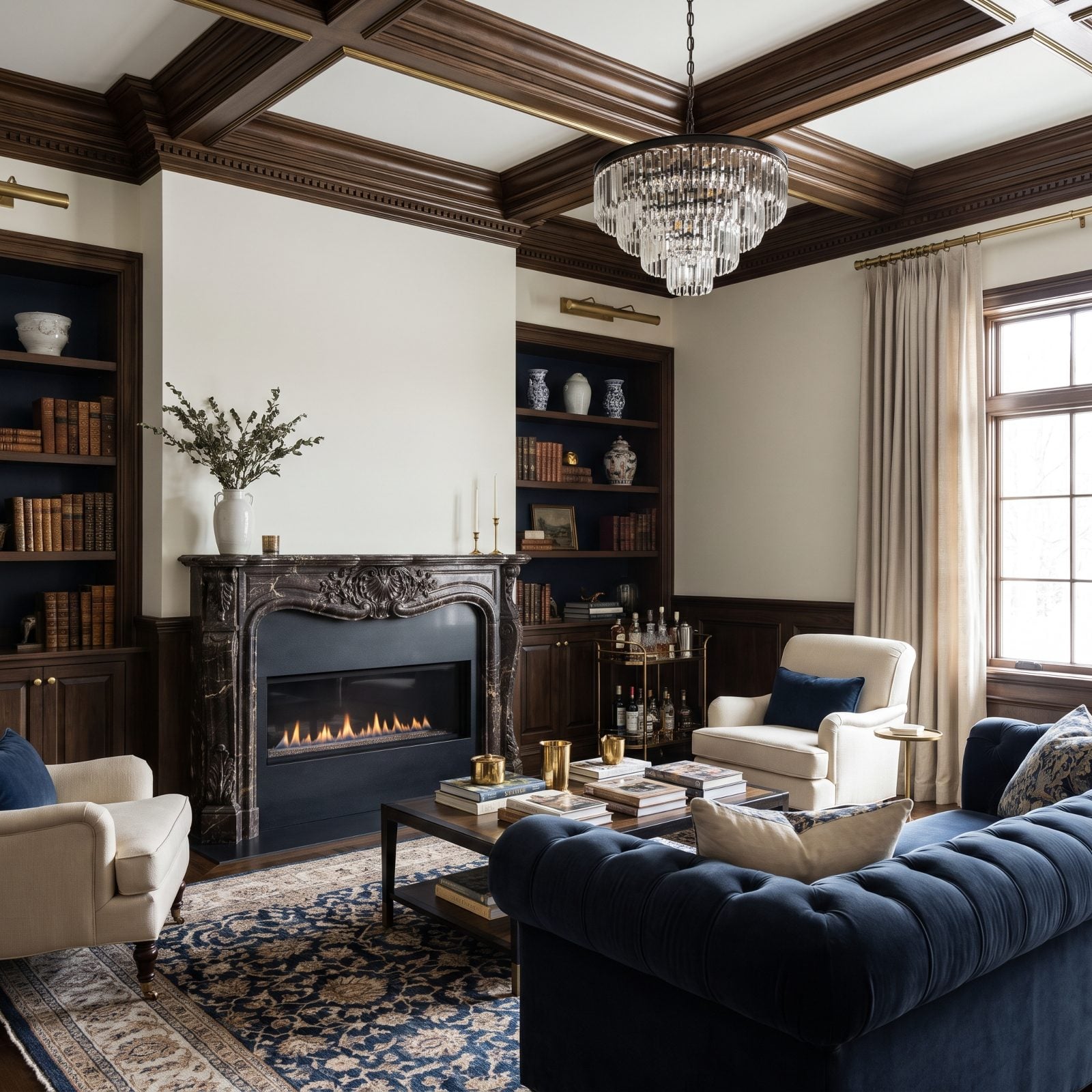 Traditional living room with crown molding and wainscoting holding a 60-inch horizontal black linear fireplace with no