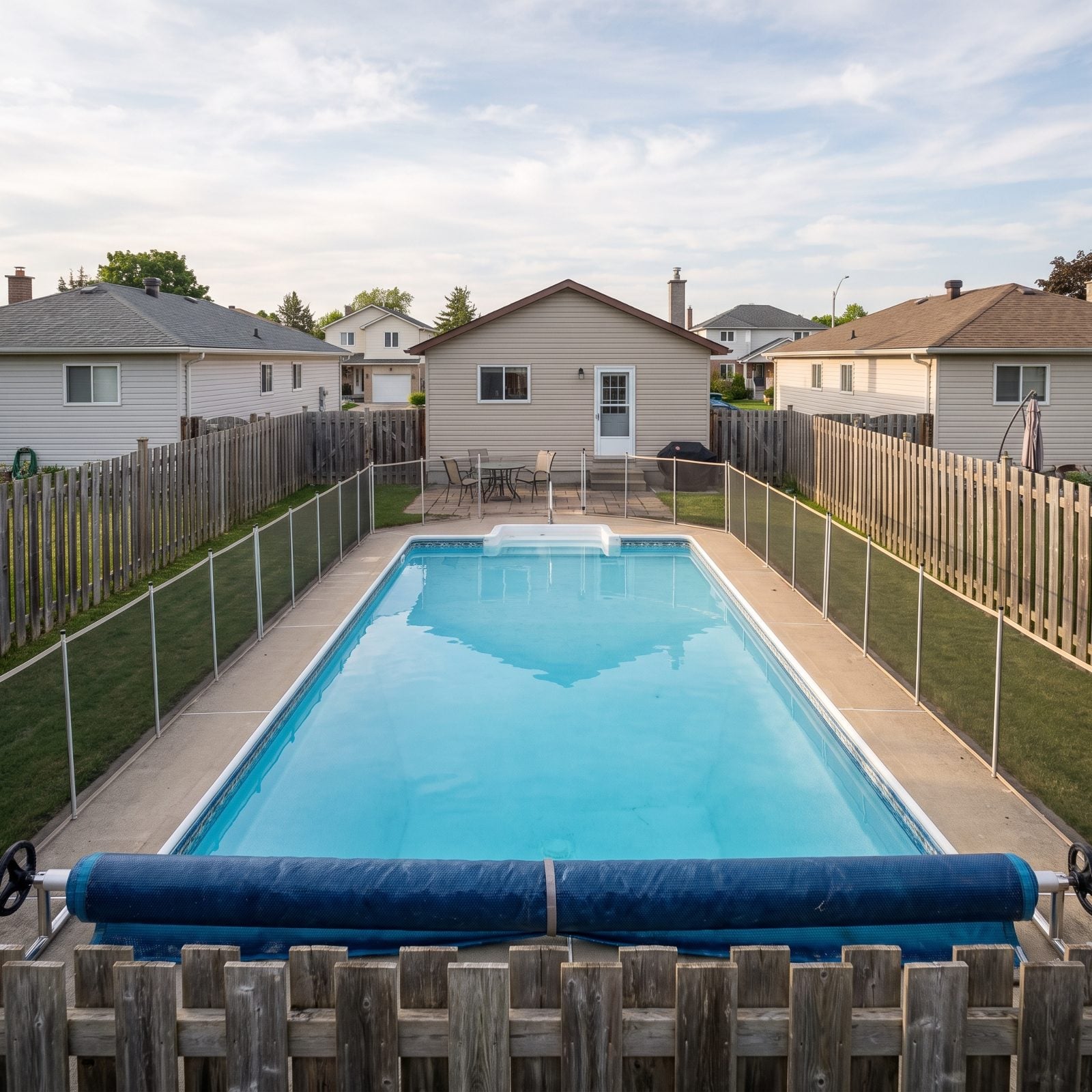 Modest suburban backyard dominated by a fenced in-ground pool, leaving only a narrow four-foot strip of grass along the