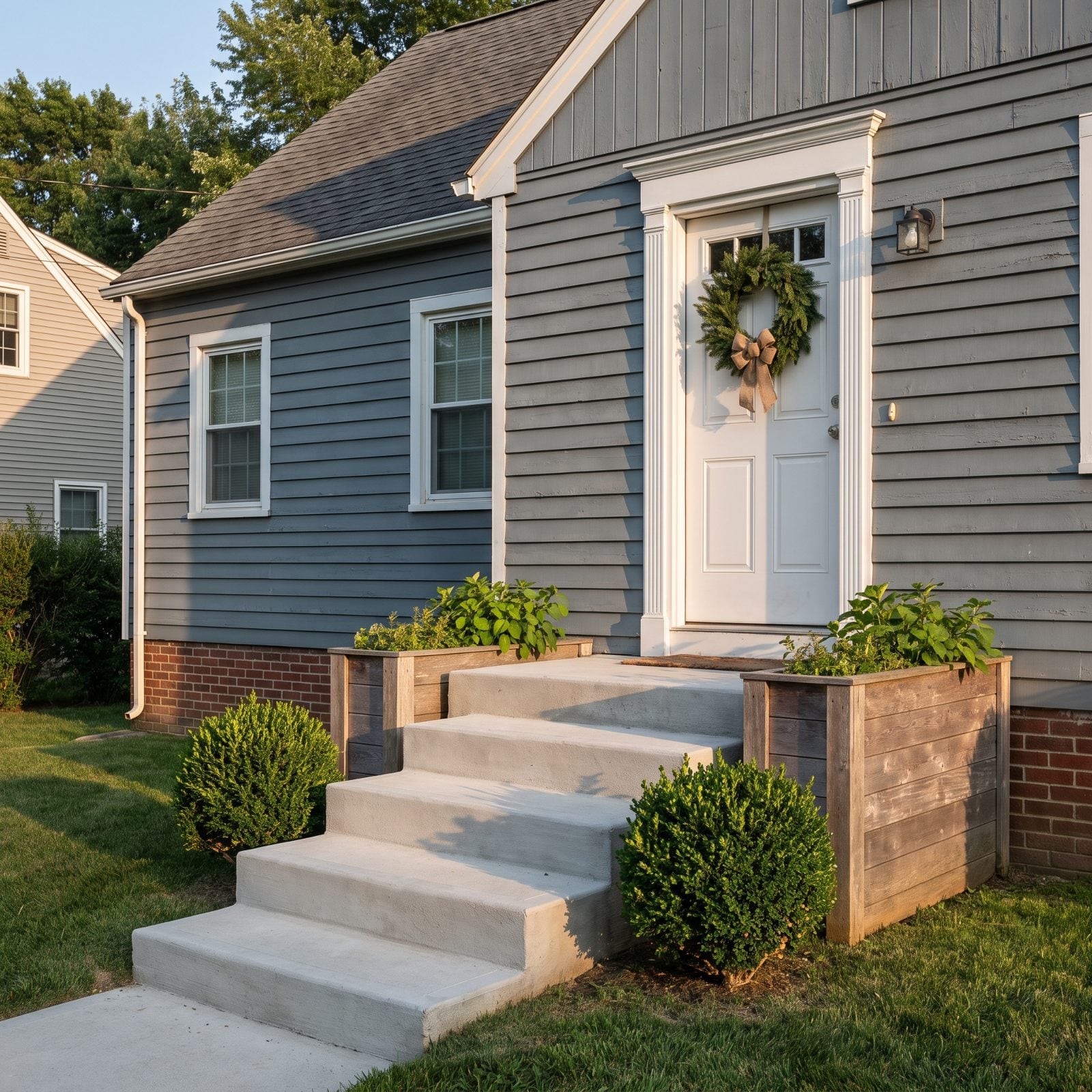 Gray-blue Cape Cod home with four concrete entry steps rising to the stoop and no handrail on either side.