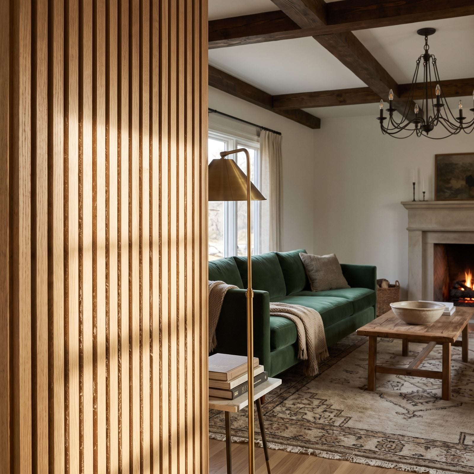Living room with a floor-to-ceiling white-oak slat accent wall over black felt backing.
