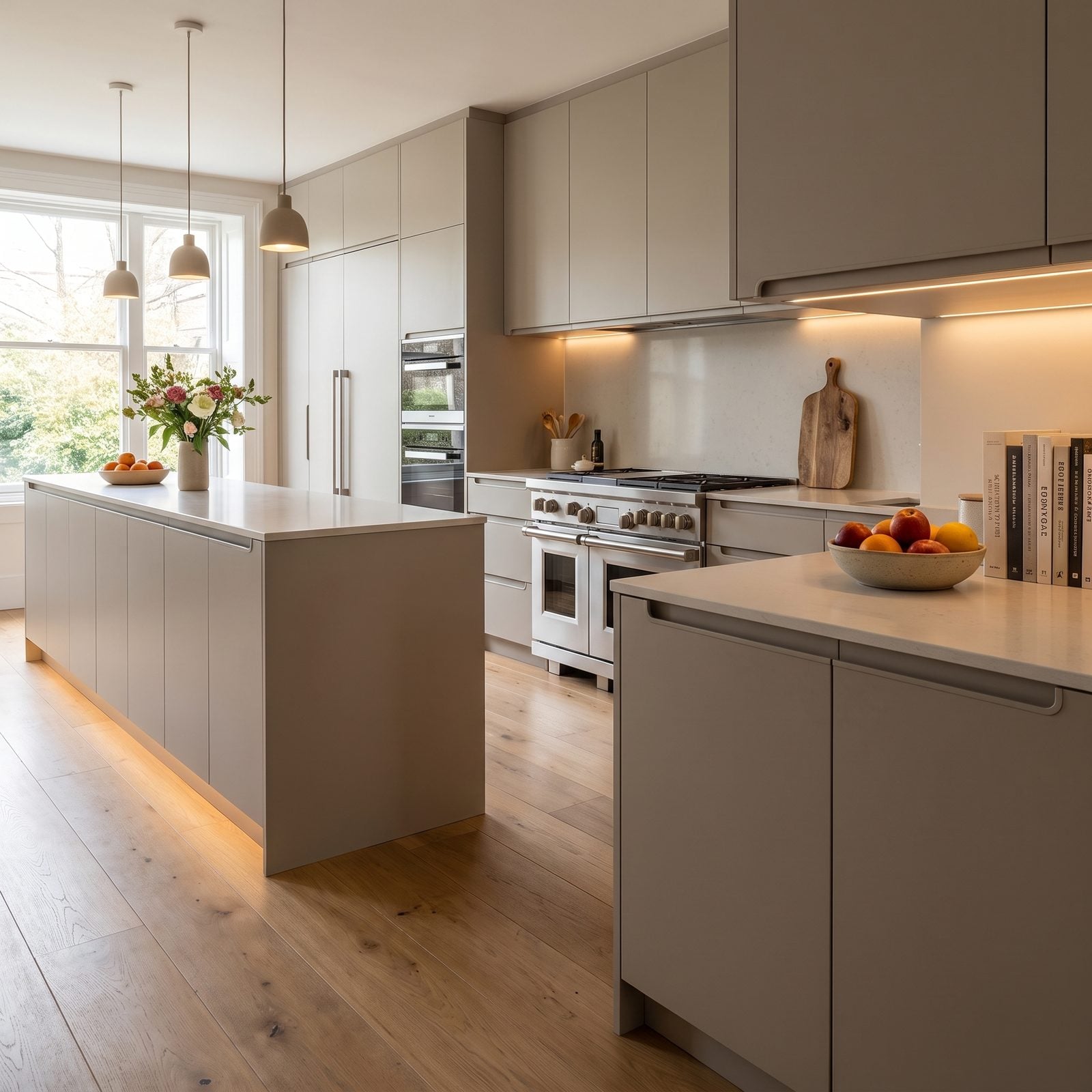 Kitchen with integrated j-pull cabinet doors: Handleless J-pull doors in matte stone-grey along a long monolithic island.