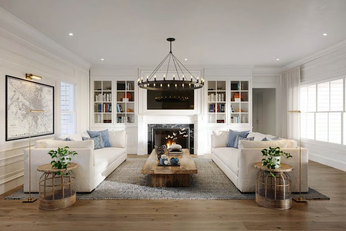 Paired Sofas, a Stone Fireplace, and Built-Ins That Actually Hold Books