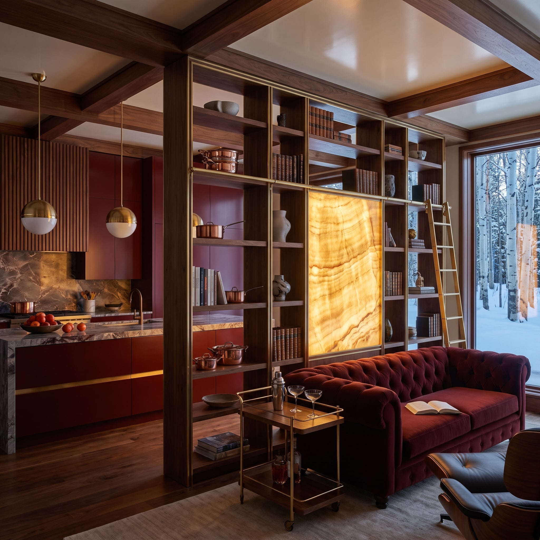 Backlit onyx and brass shelving create a glowing partition beside a contemporary kitchen