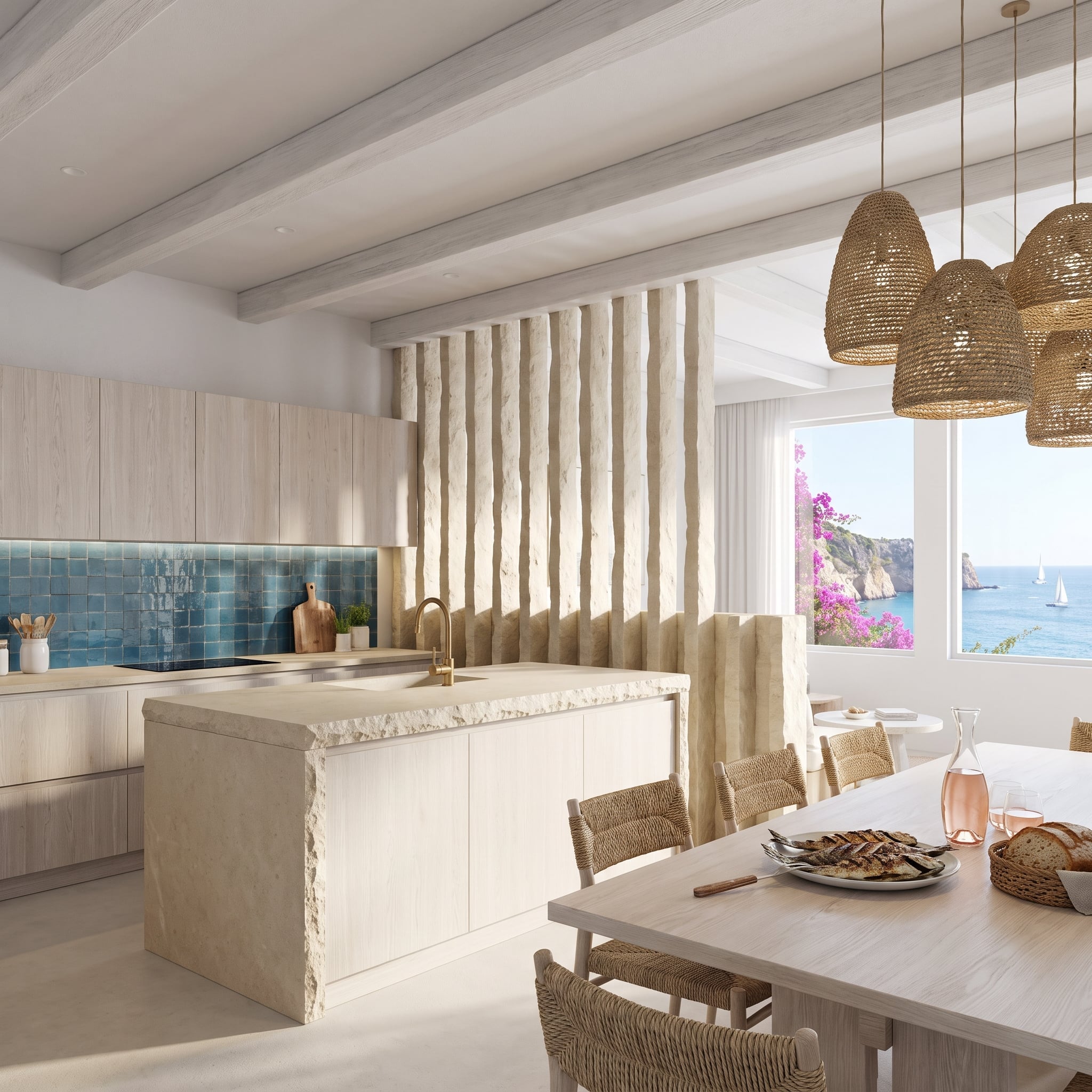 Rough-textured vertical stone fins divide a kitchen with a chiseled stone island