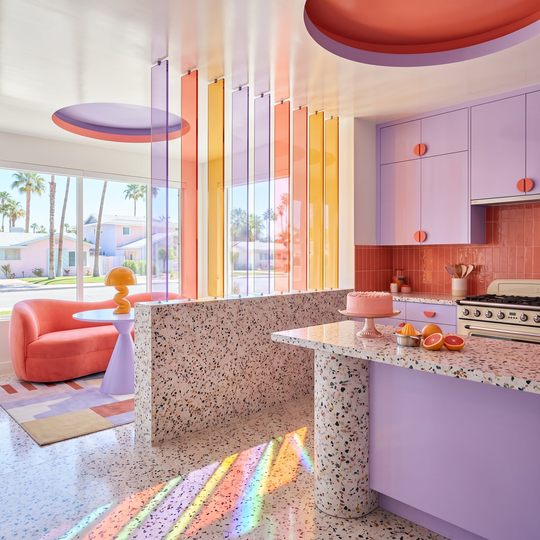 Lavender and amber acrylic panels divide a colorful contemporary kitchen