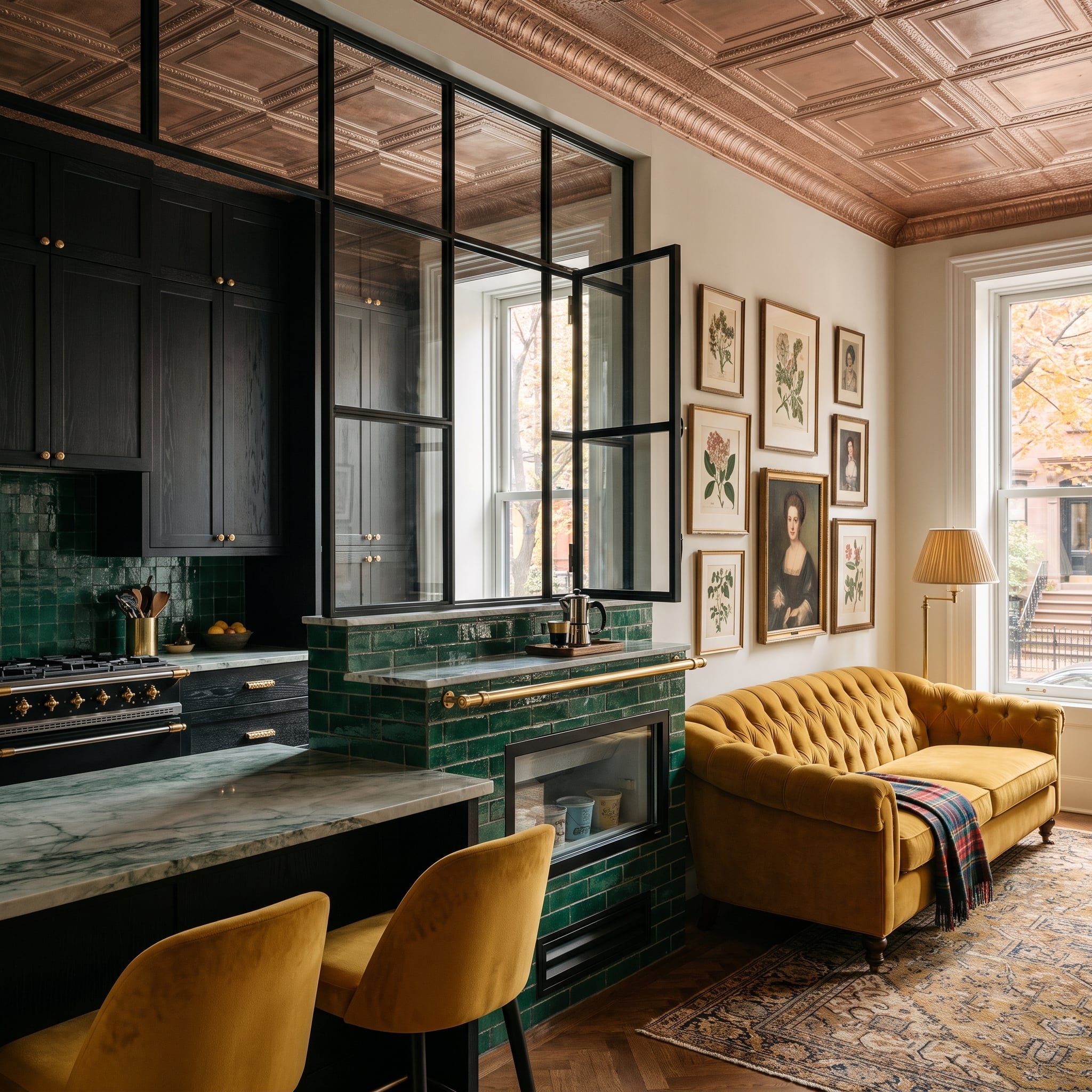 Emerald-tiled kitchen peninsula and steel-framed interior window divide an eclectic interior