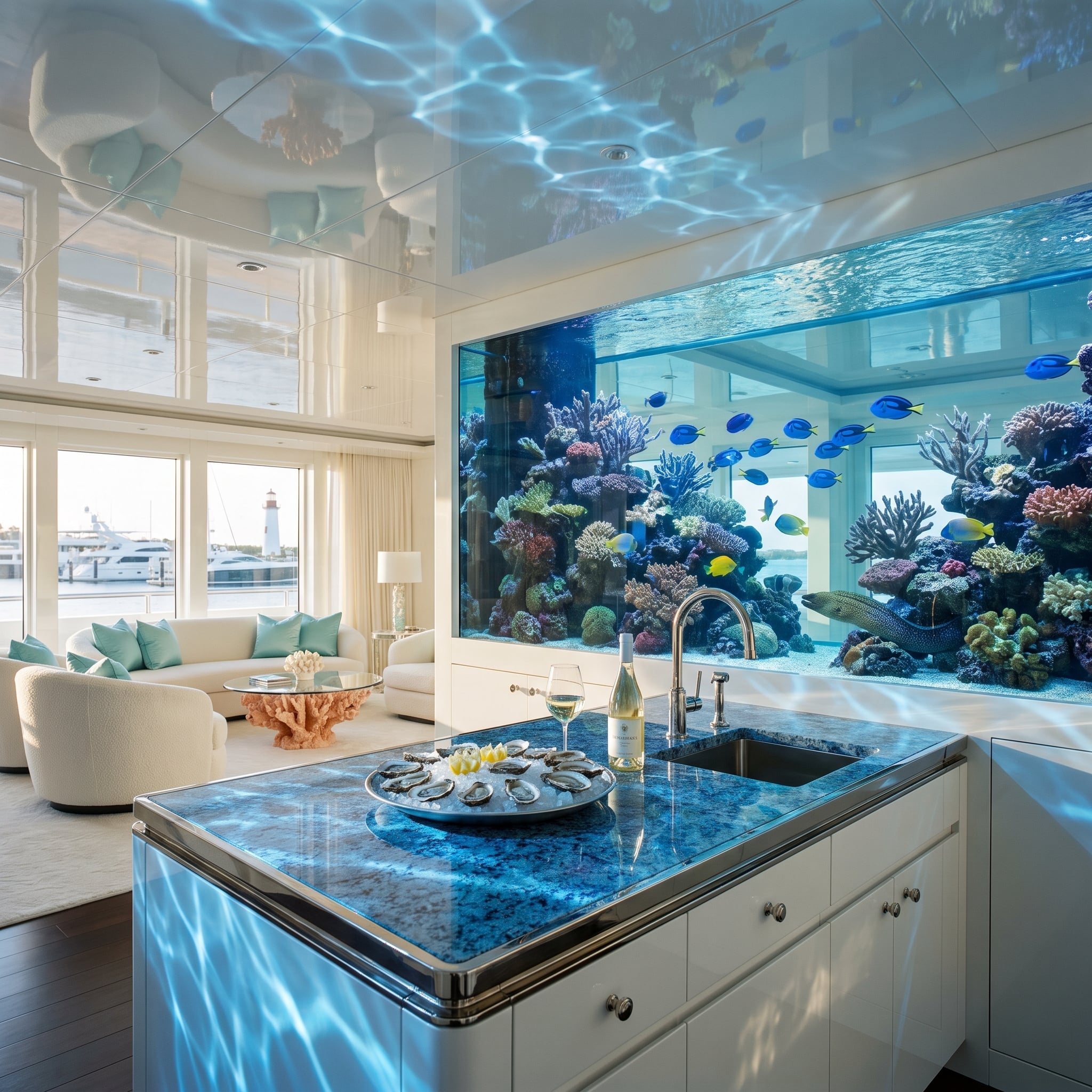 Large coral reef aquarium forms a partition beside a luxurious blue kitchen