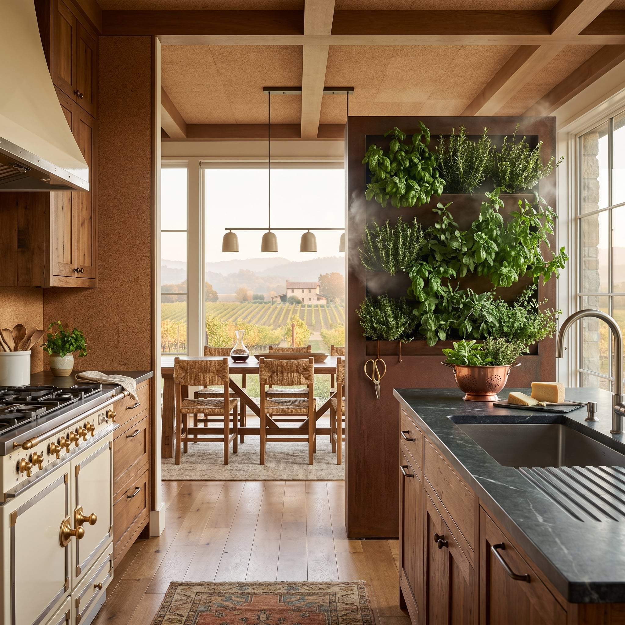 Living herb wall divides a warm traditional kitchen from its dining area