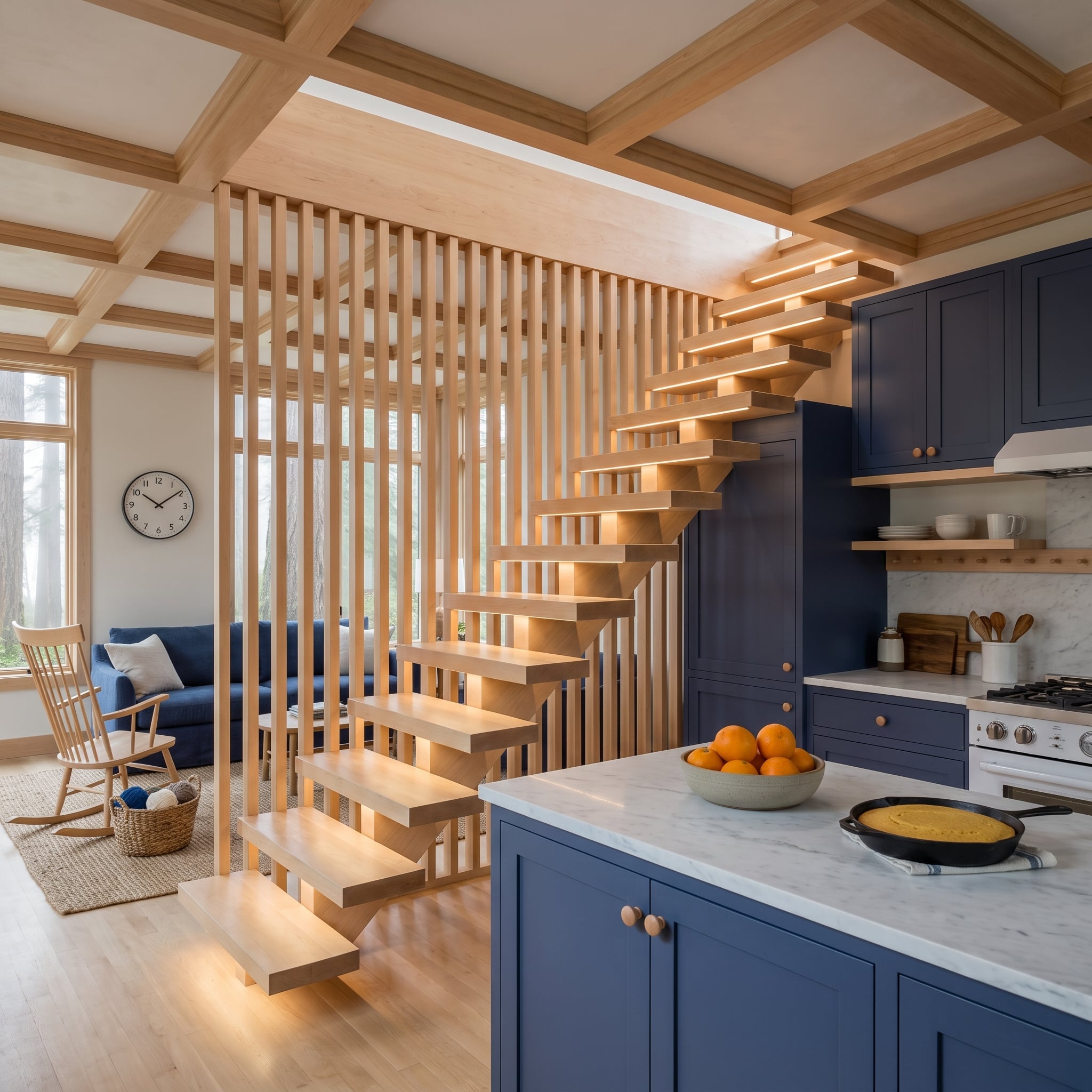 Floating maple stairs and timber slats separate a navy kitchen from the living room
