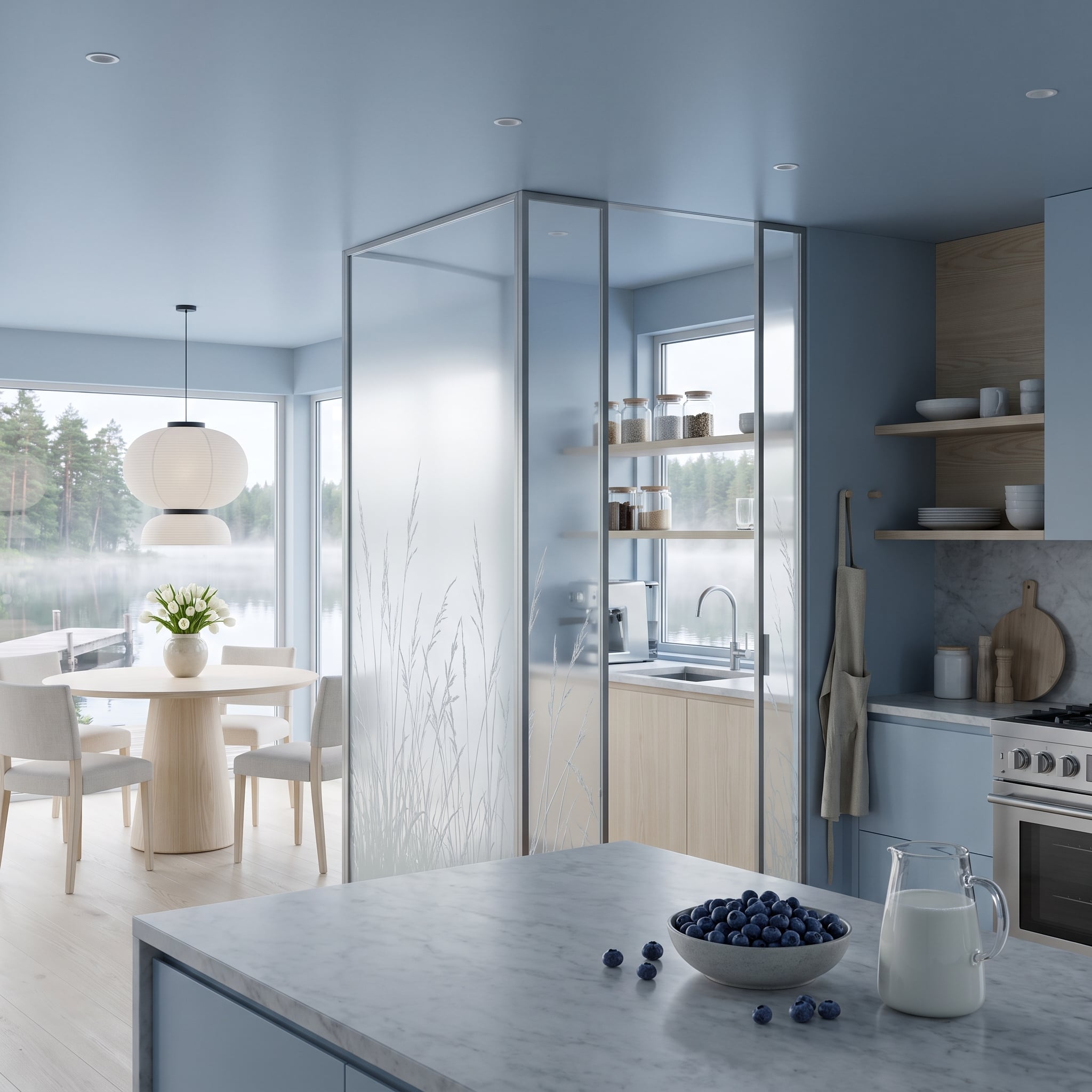 Frosted glass pantry enclosure with botanical etching inside a contemporary kitchen